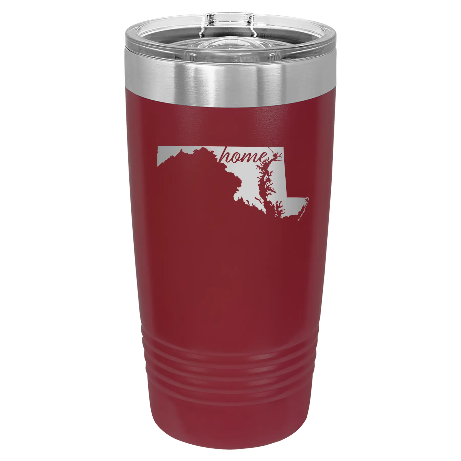 Laser etched maroon 20 oz vacuum insulated tumbler with 'Maryland Home' design