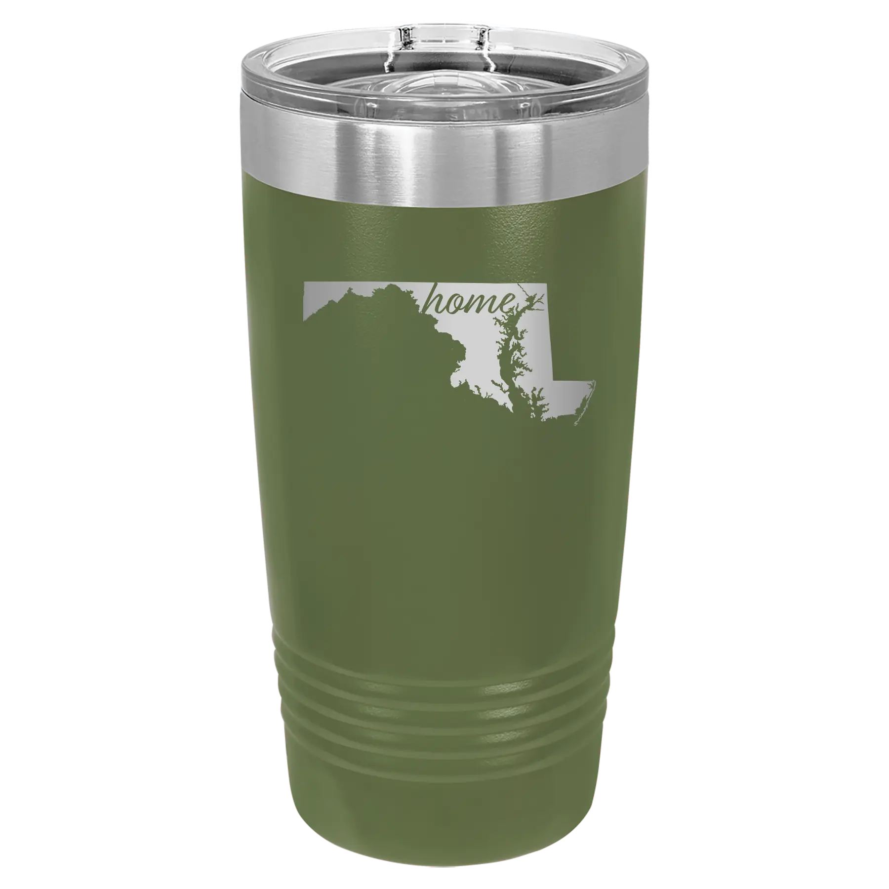 Laser etched olive green 20 oz vacuum insulated tumbler with 'Maryland Home' design