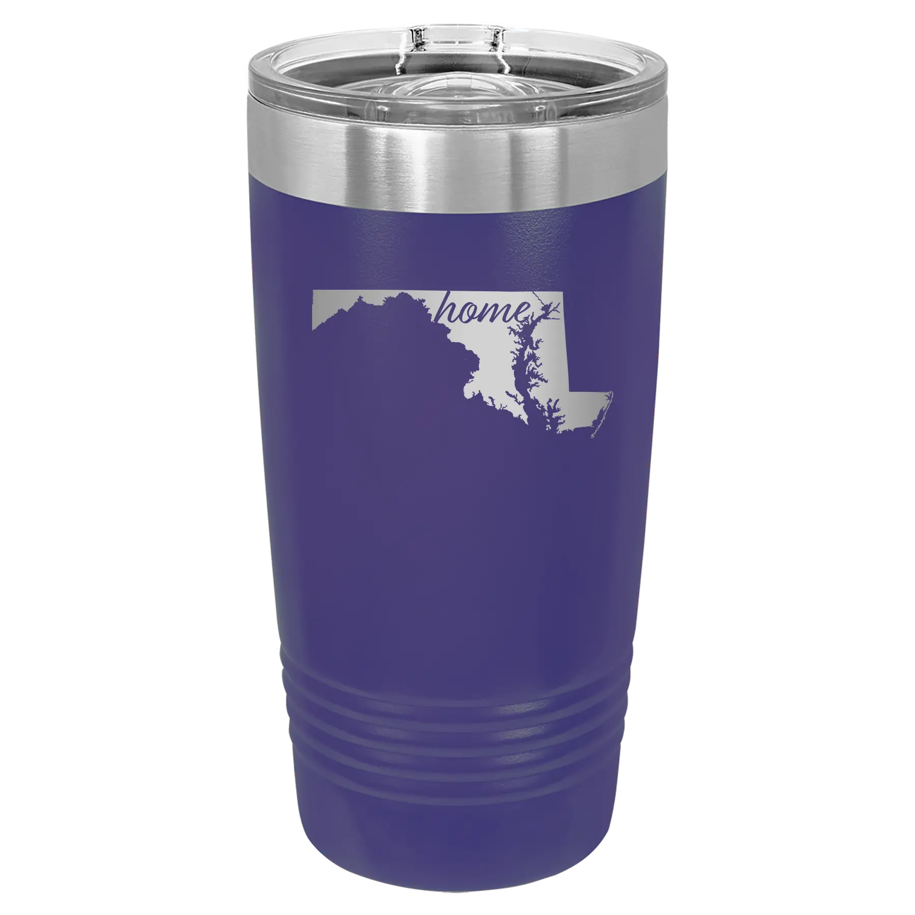 Laser etched purple 20 oz vacuum insulated tumbler with 'Maryland Home' design