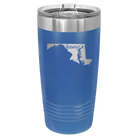 Laser etched royal blue 20 oz vacuum insulated tumbler with 'Maryland Home' design