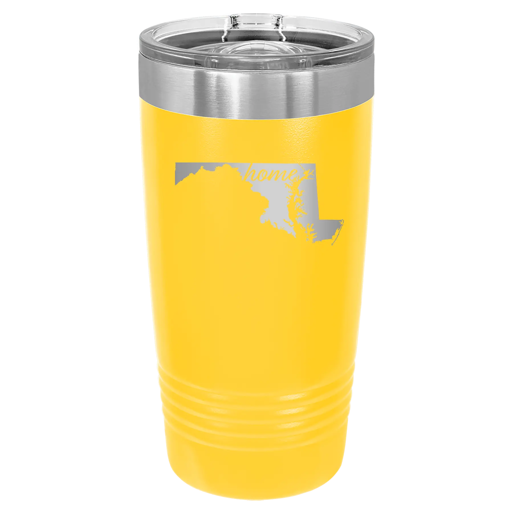 Laser etched yellow 20 oz vacuum insulated tumbler with 'Maryland Home' design