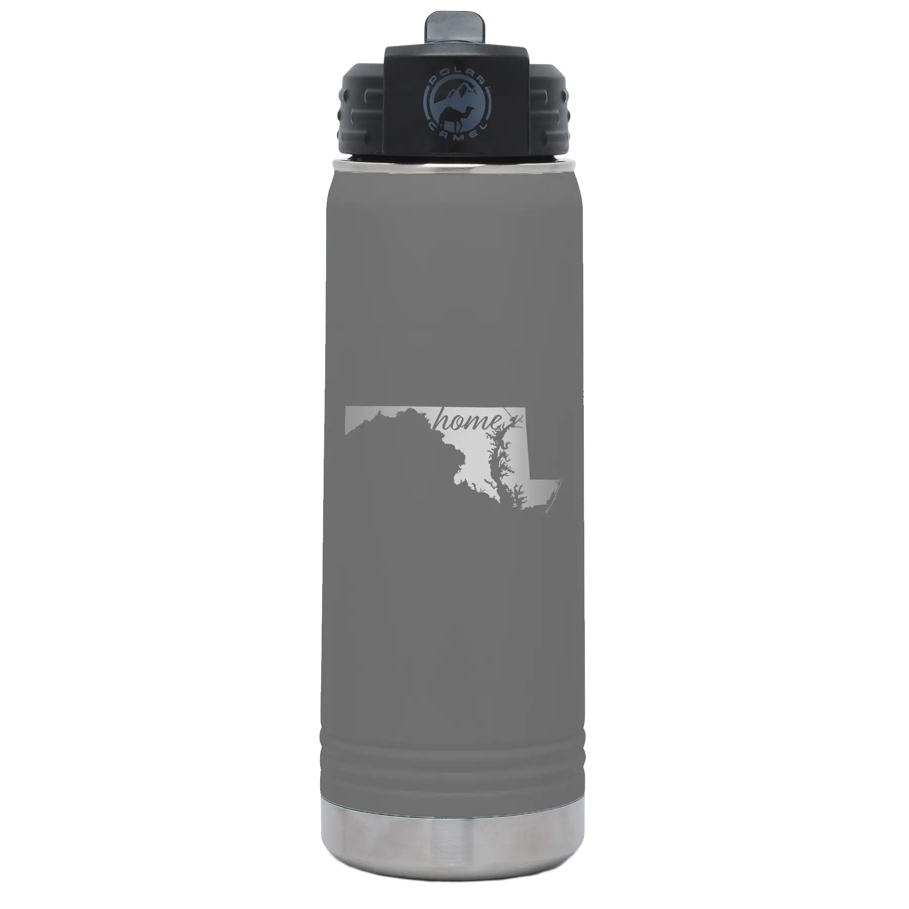 Laser etched dark gray 20 oz vacuum insulated water bottle with 'Maryland Home' design