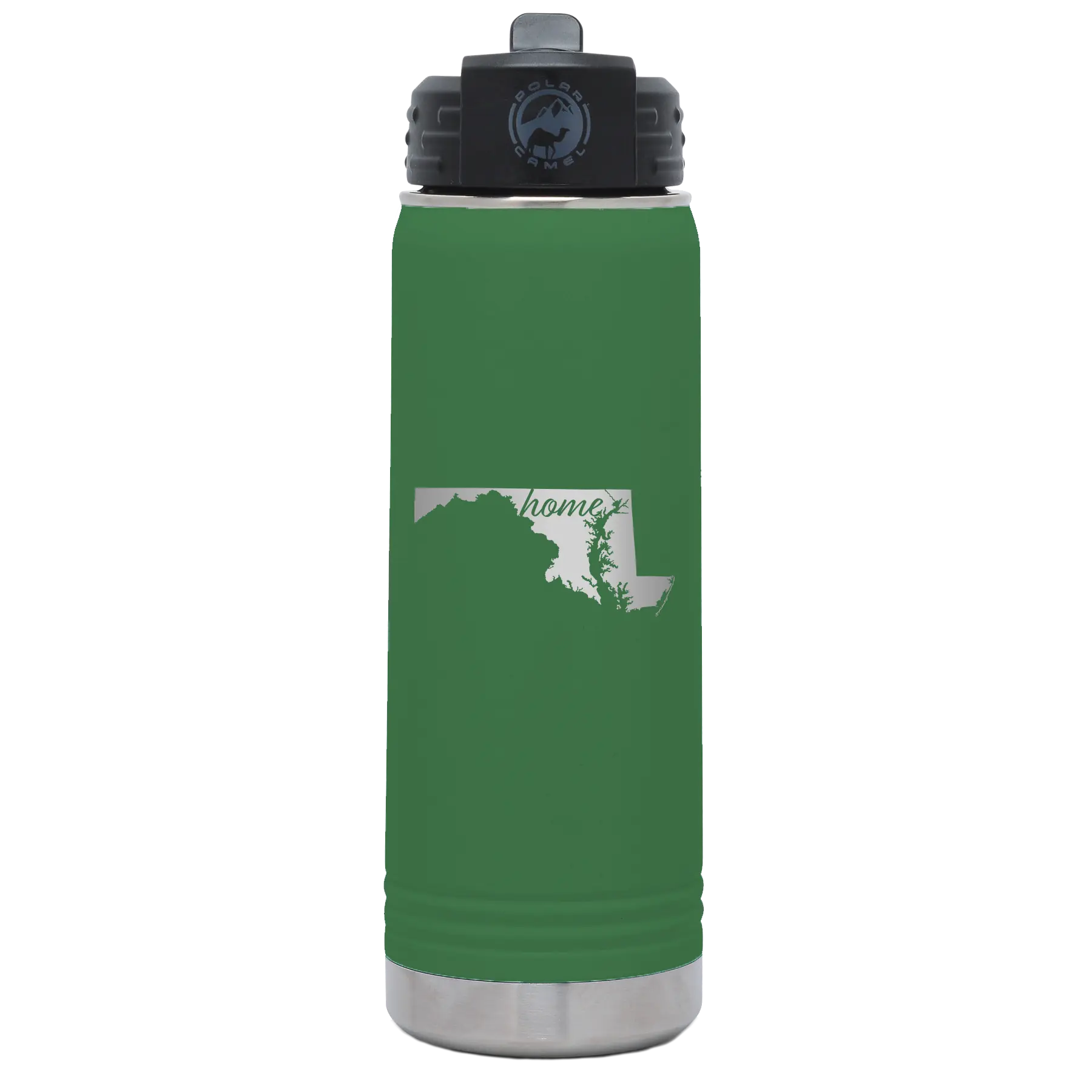 Laser etched green 20 oz vacuum insulated water bottle with 'Maryland Home' design
