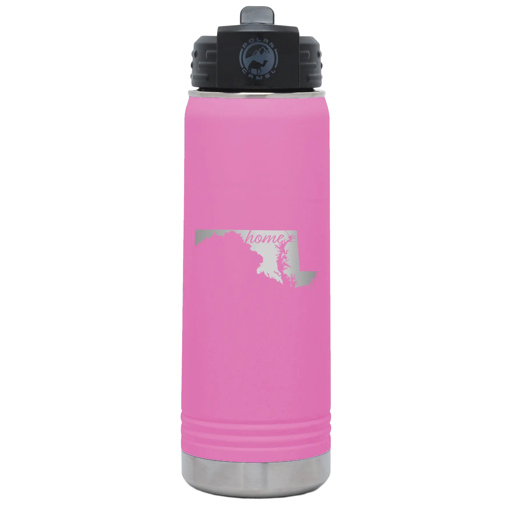 Laser etched light purple 20 oz vacuum insulated water bottle with 'Maryland Home' design