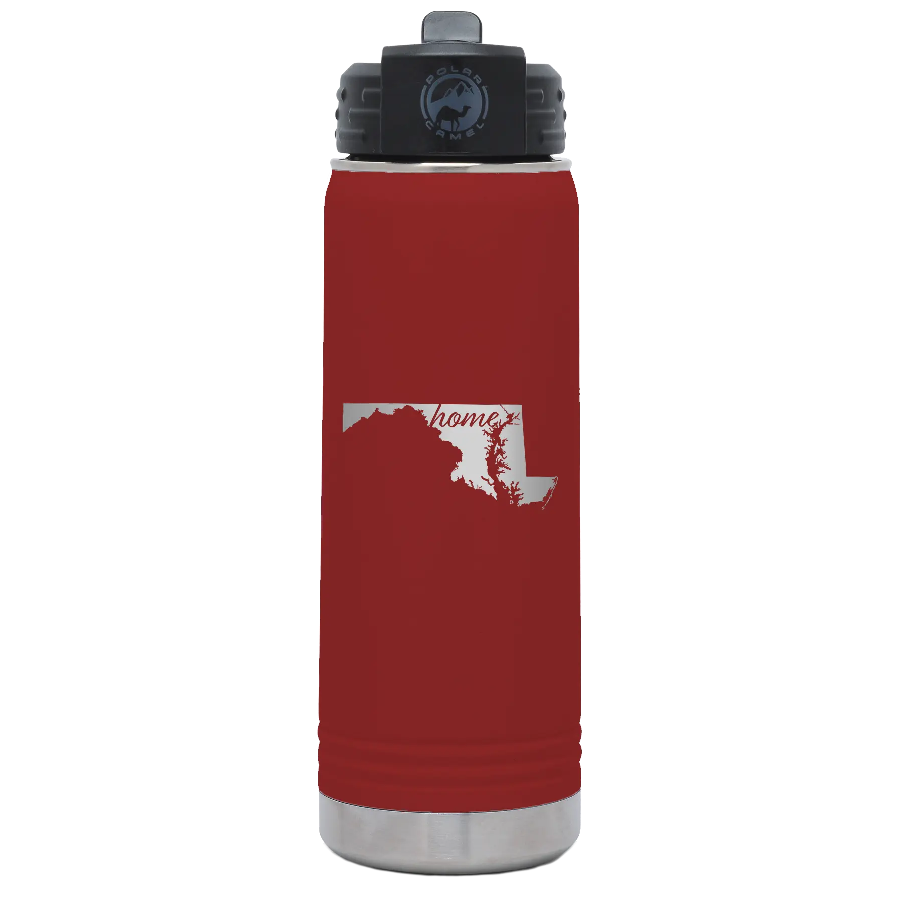 Laser etched maroon 20 oz vacuum insulated water bottle with 'Maryland Home' design