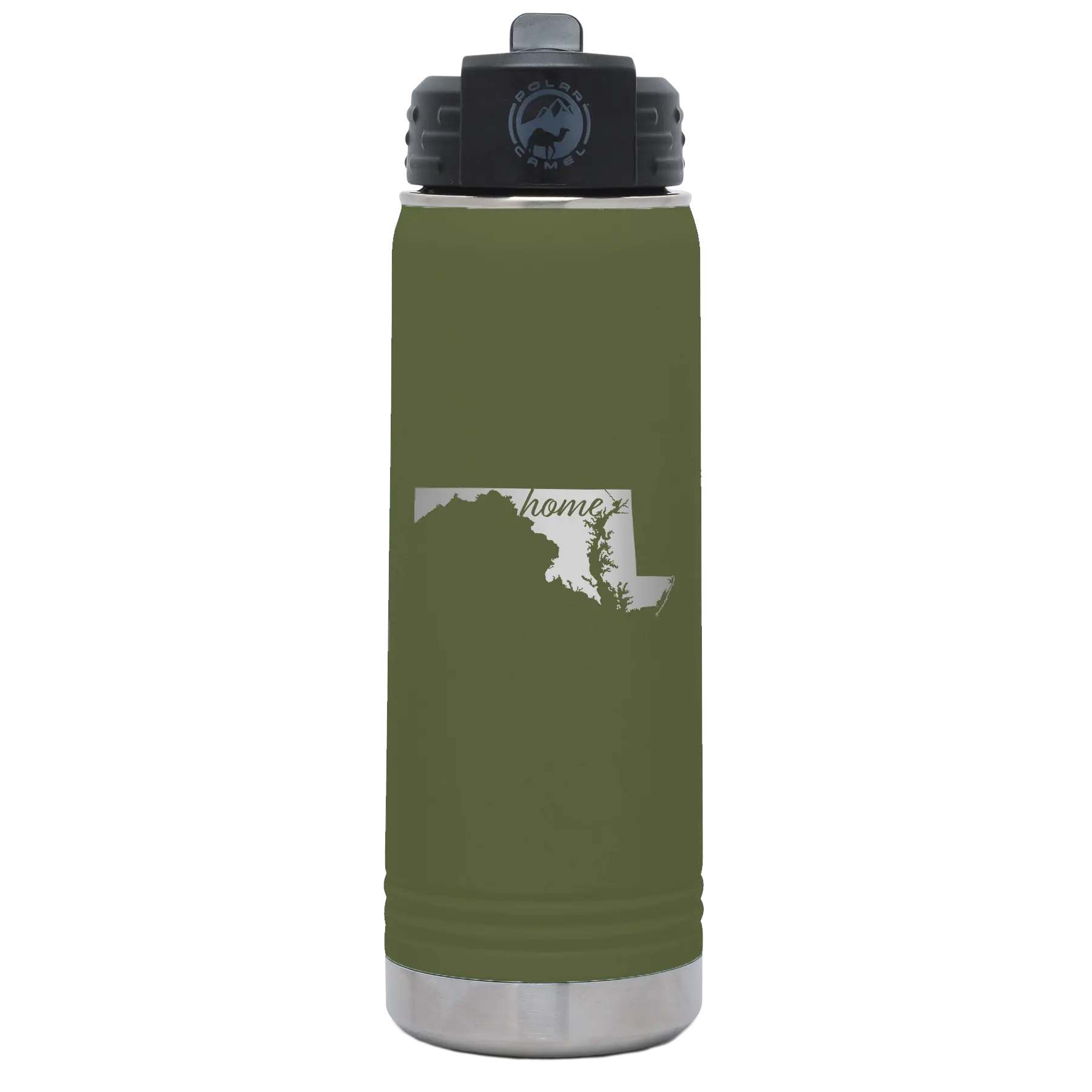 Laser etched olive green 20 oz vacuum insulated water bottle with 'Maryland Home' design
