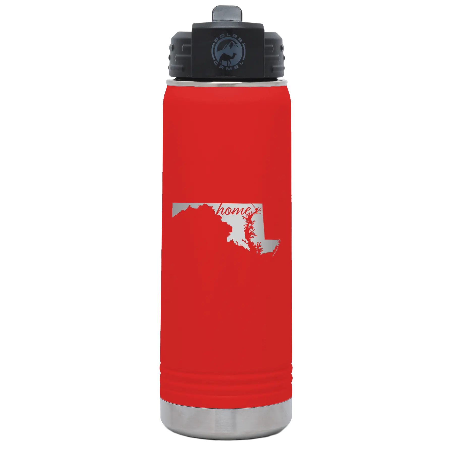 Laser etched red 20 oz vacuum insulated water bottle with 'Maryland Home' design