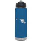 Laser etched royal blue 20 oz vacuum insulated water bottle with 'Maryland Home' design