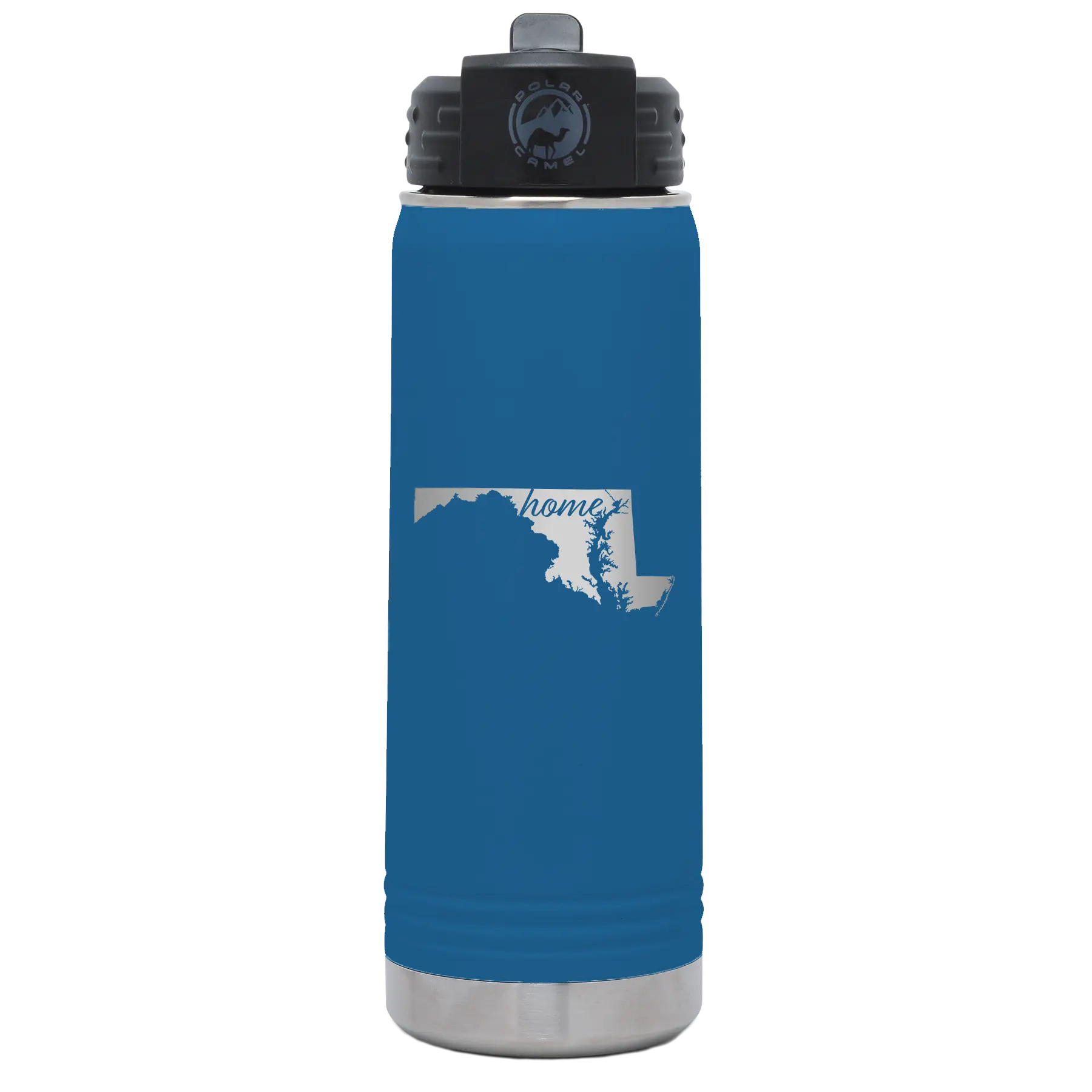 Laser etched royal blue 20 oz vacuum insulated water bottle with 'Maryland Home' design