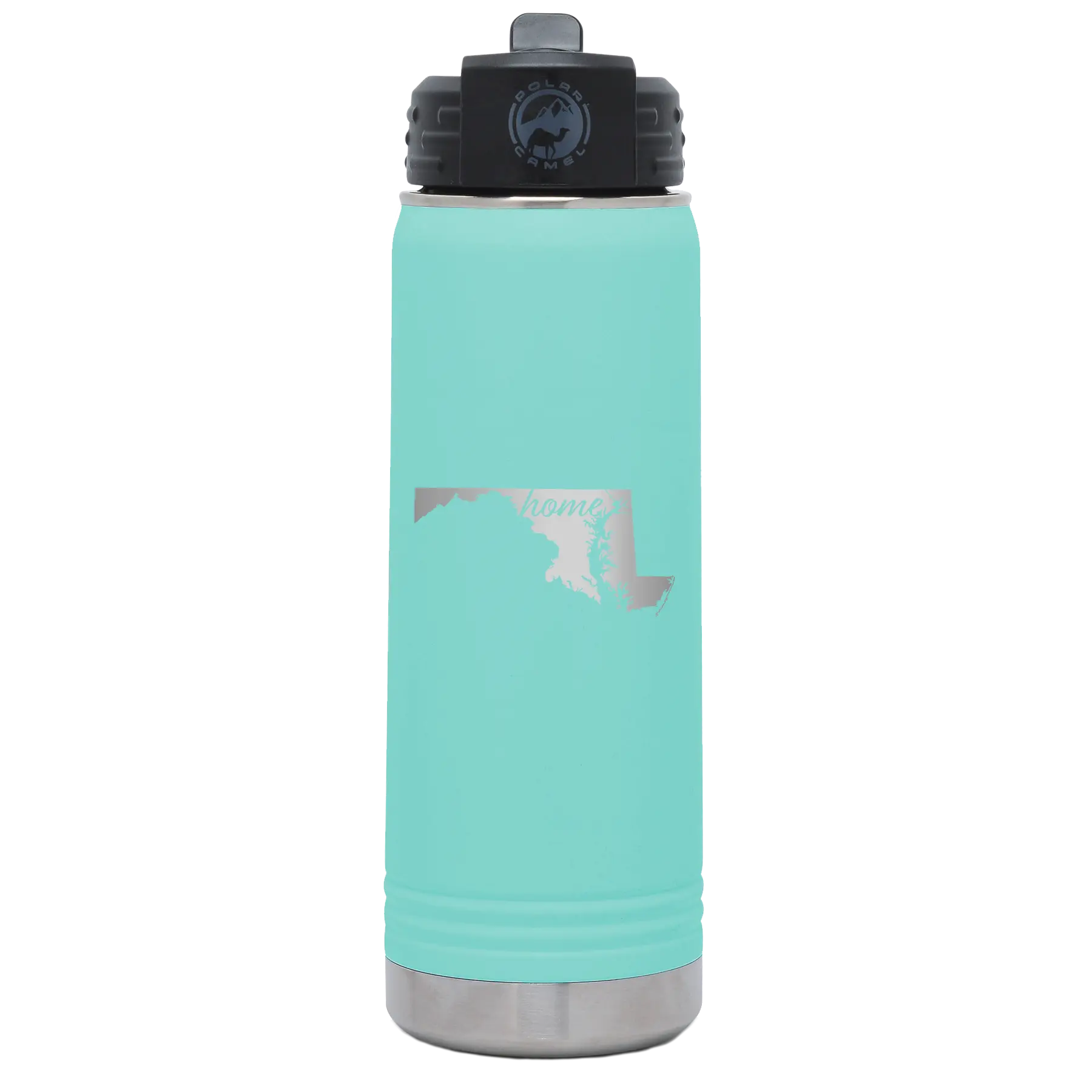 Laser etched teal 20 oz vacuum insulated water bottle with 'Maryland Home' design