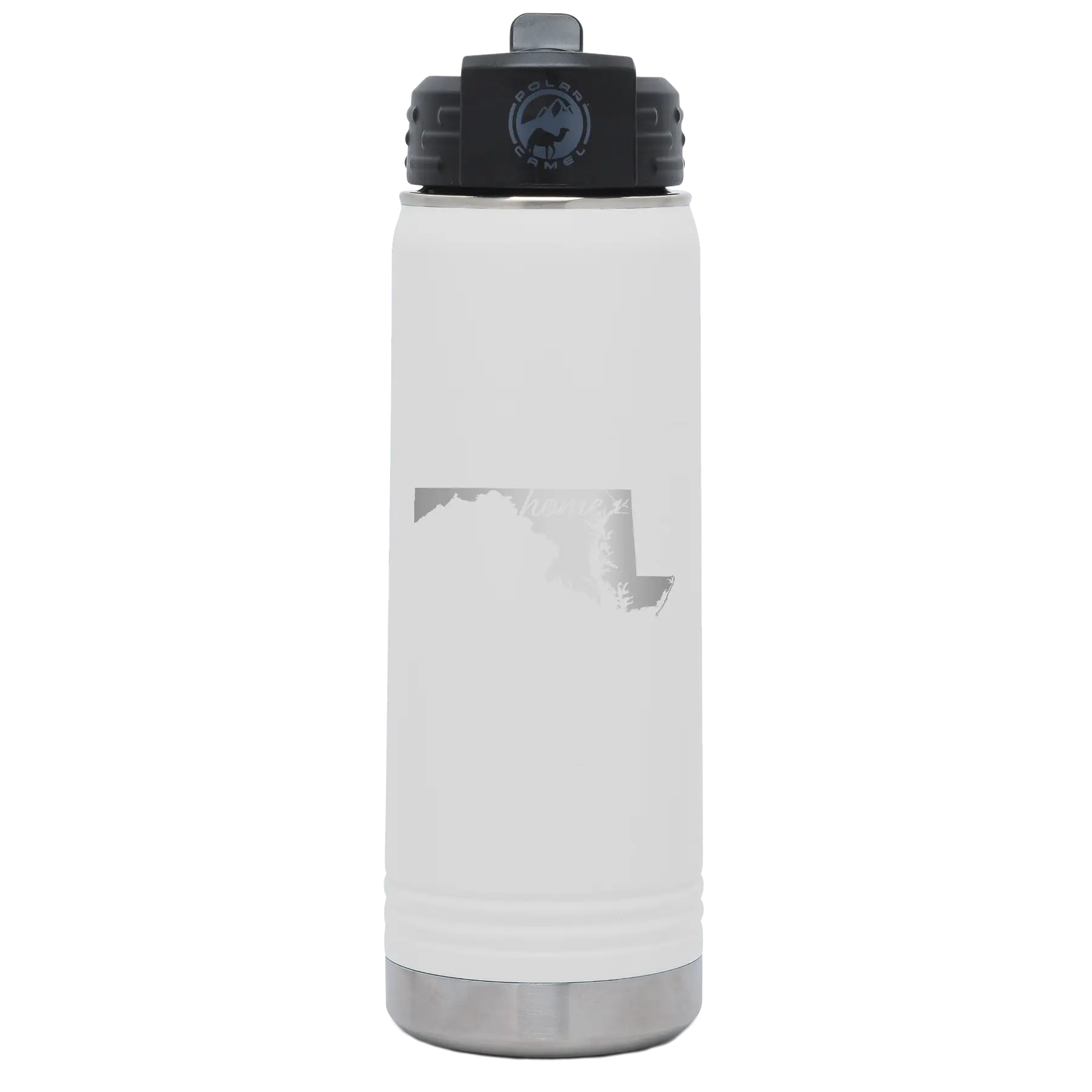 Laser etched white 20 oz vacuum insulated water bottle with 'Maryland Home' design