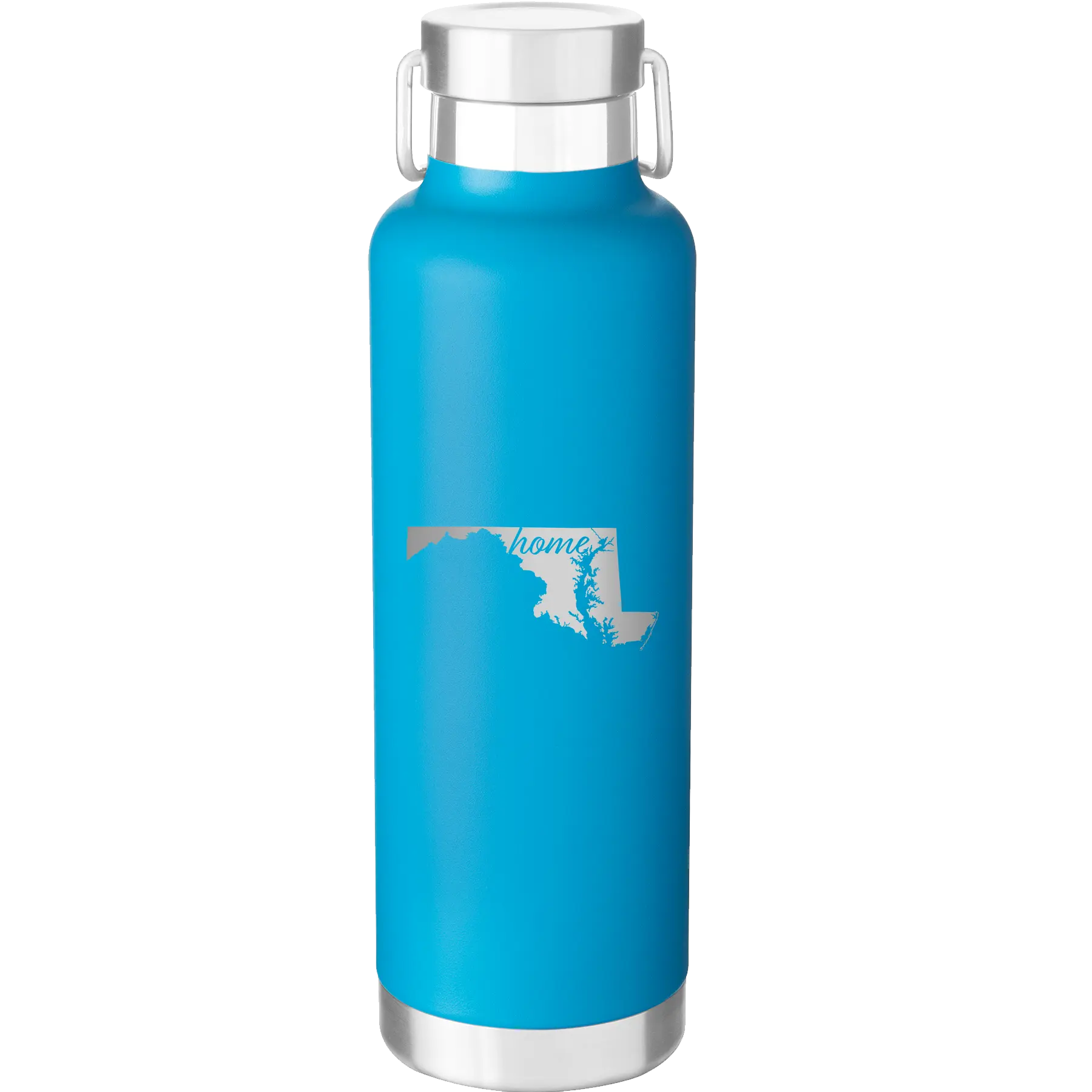 Laser etched aqua 24 oz vacuum insulated water bottle with 'Maryland Home' design