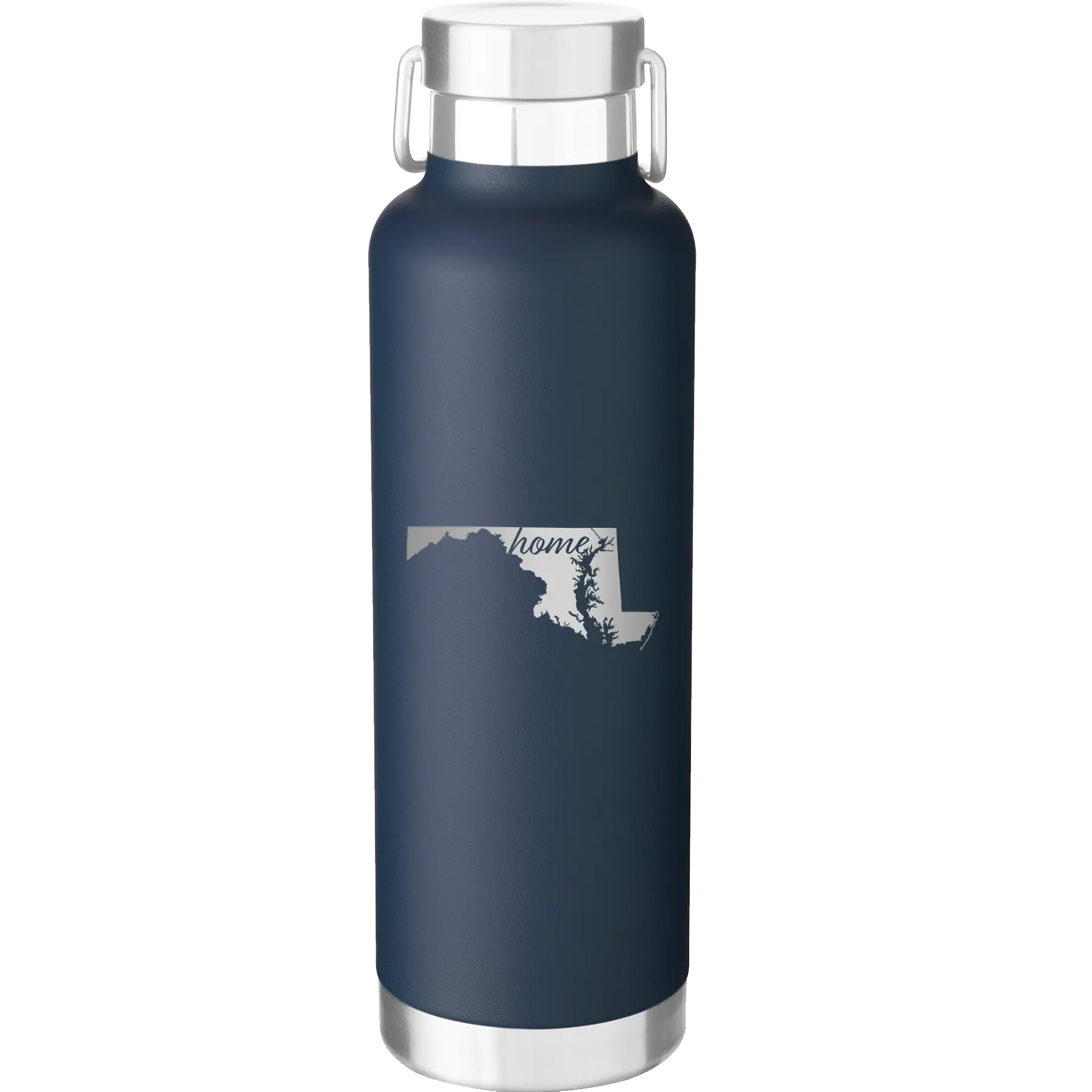 Laser etched navy 24 oz vacuum insulated water bottle with 'Maryland Home' design