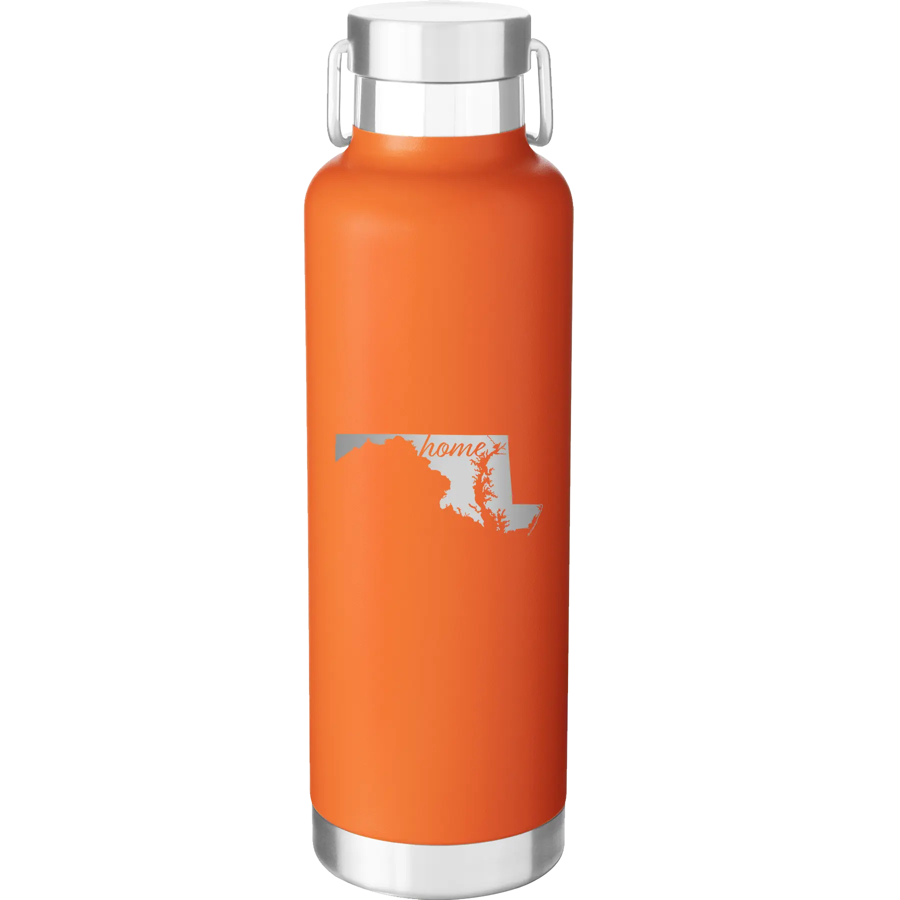 Laser etched orange 24 oz vacuum insulated water bottle with 'Maryland Home' design