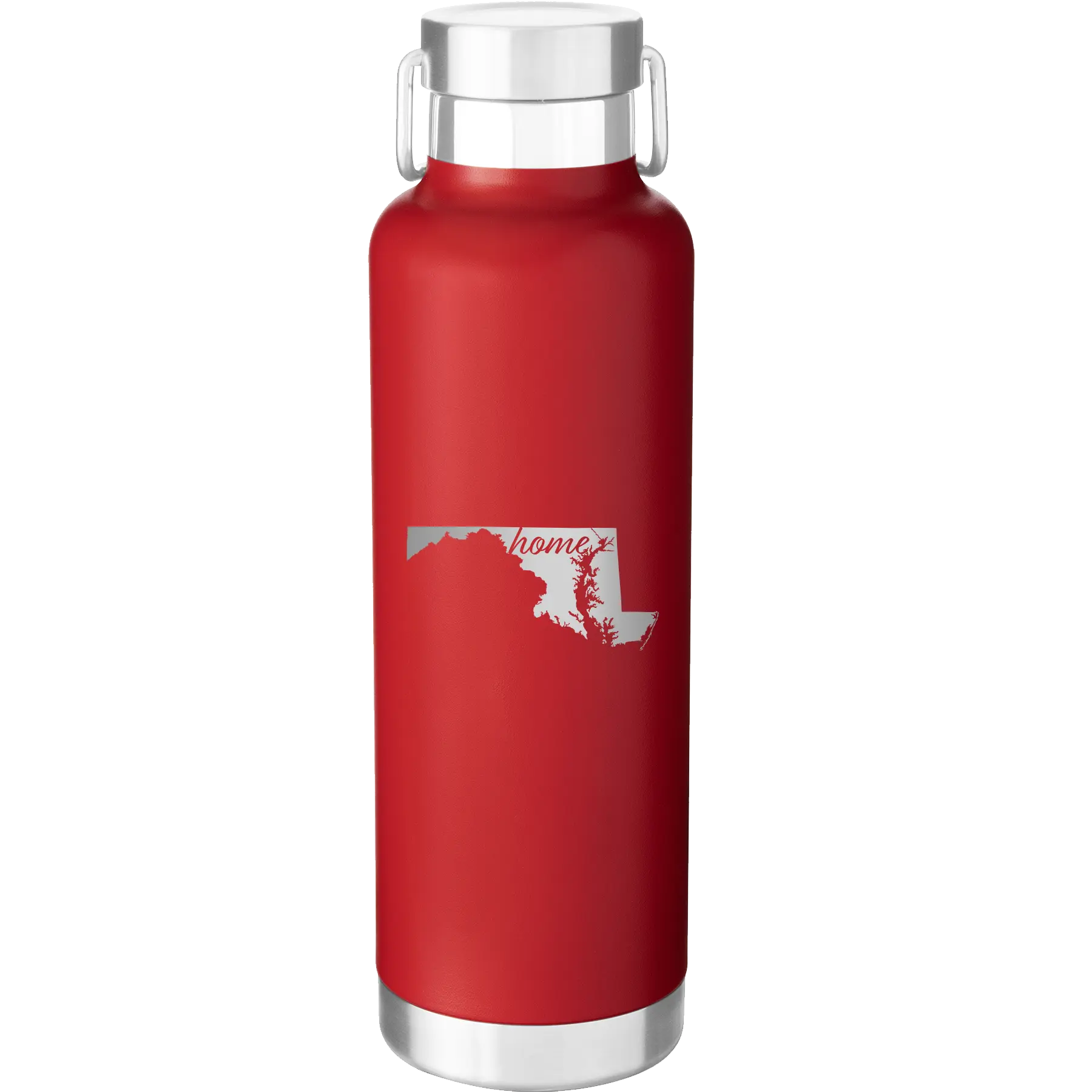 Laser etched red 24 oz vacuum insulated water bottle with 'Maryland Home' design