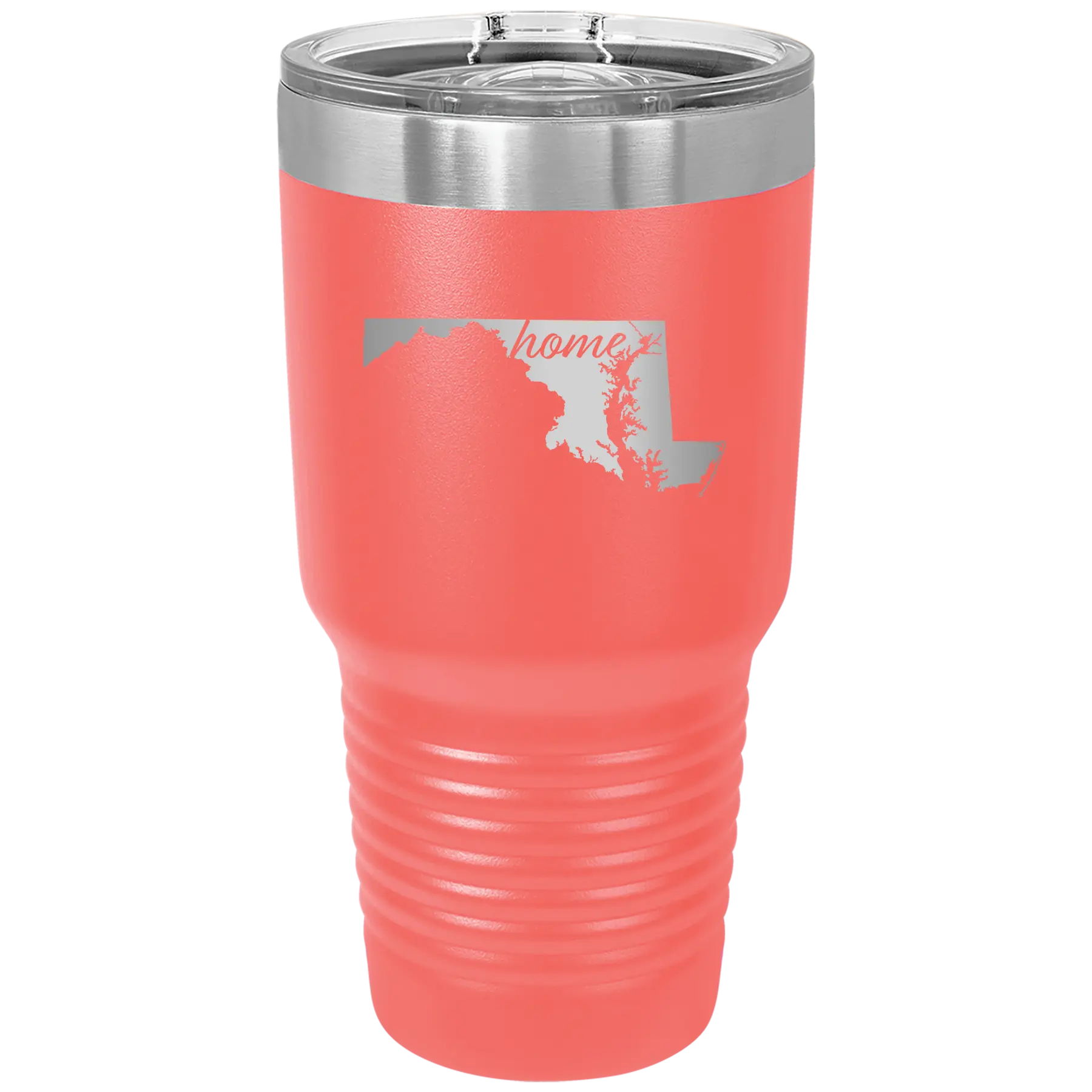 Laser etched coral 30 oz vacuum insulated tumbler with 'Maryland Home' design