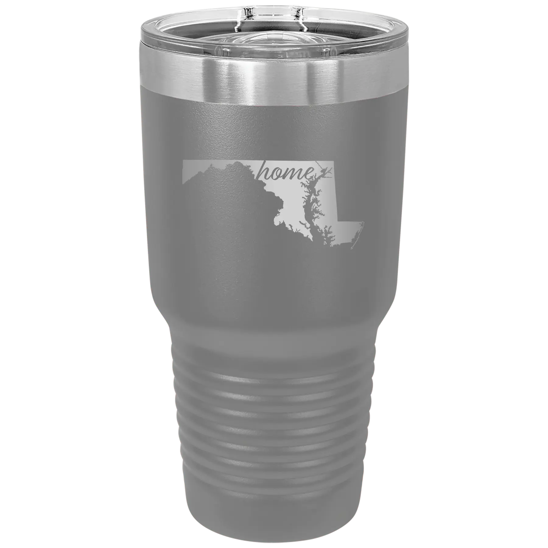 Laser etched dark gray 30 oz vacuum insulated tumbler with 'Maryland Home' design