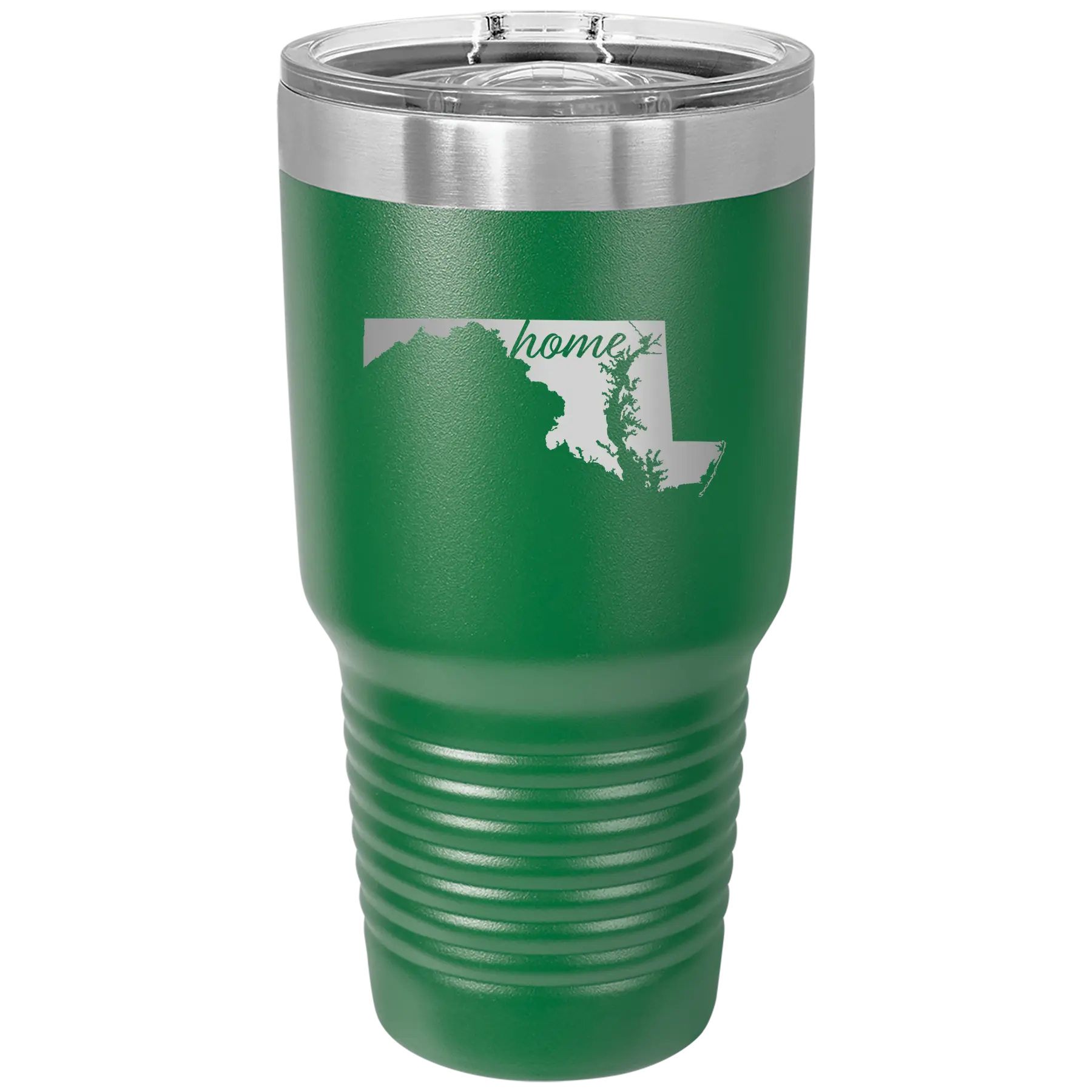 Laser etched green 30 oz vacuum insulated tumbler with 'Maryland Home' design