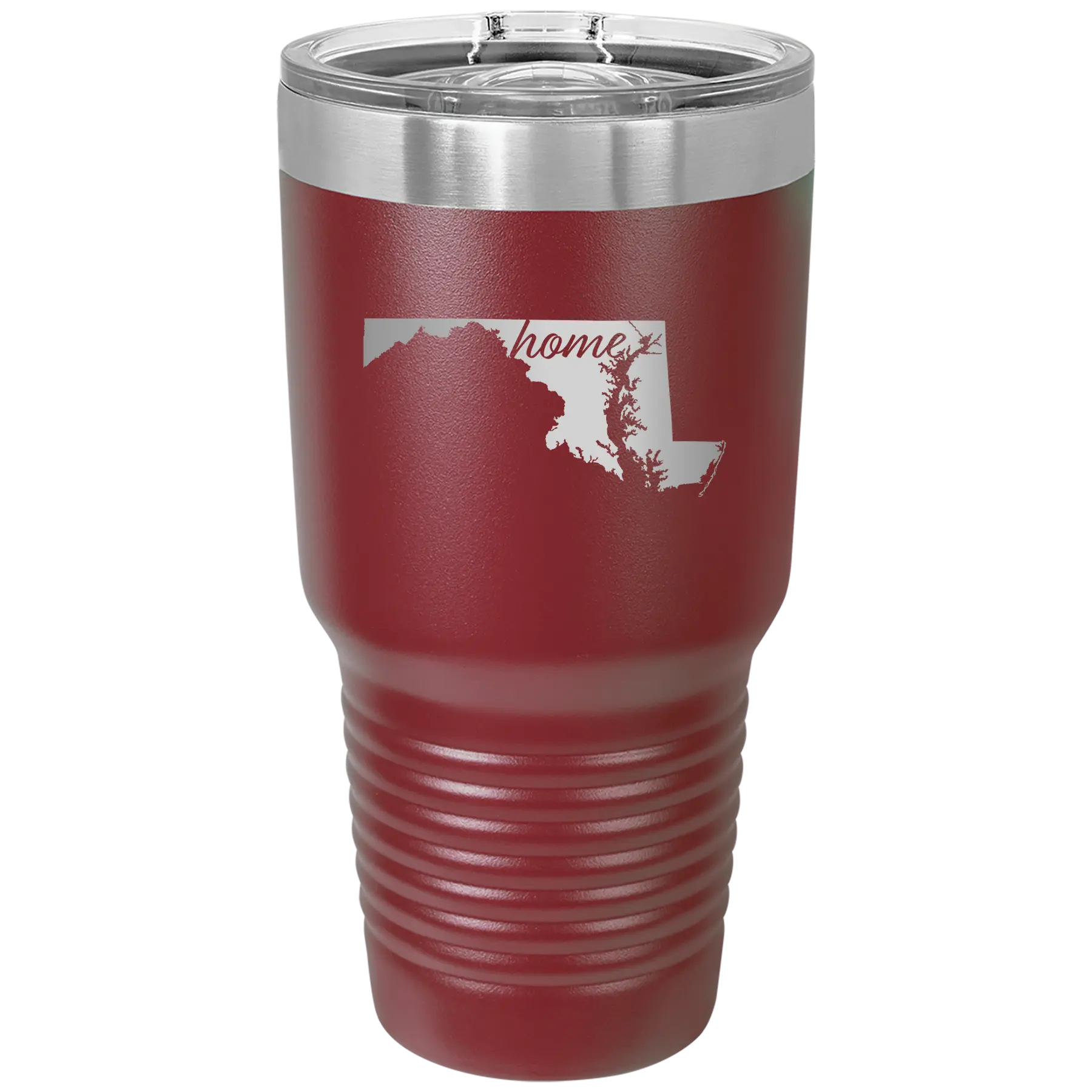 Laser etched maroon 30 oz vacuum insulated tumbler with 'Maryland Home' design