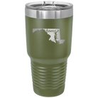 Laser etched olive green 30 oz vacuum insulated tumbler with 'Maryland Home' design