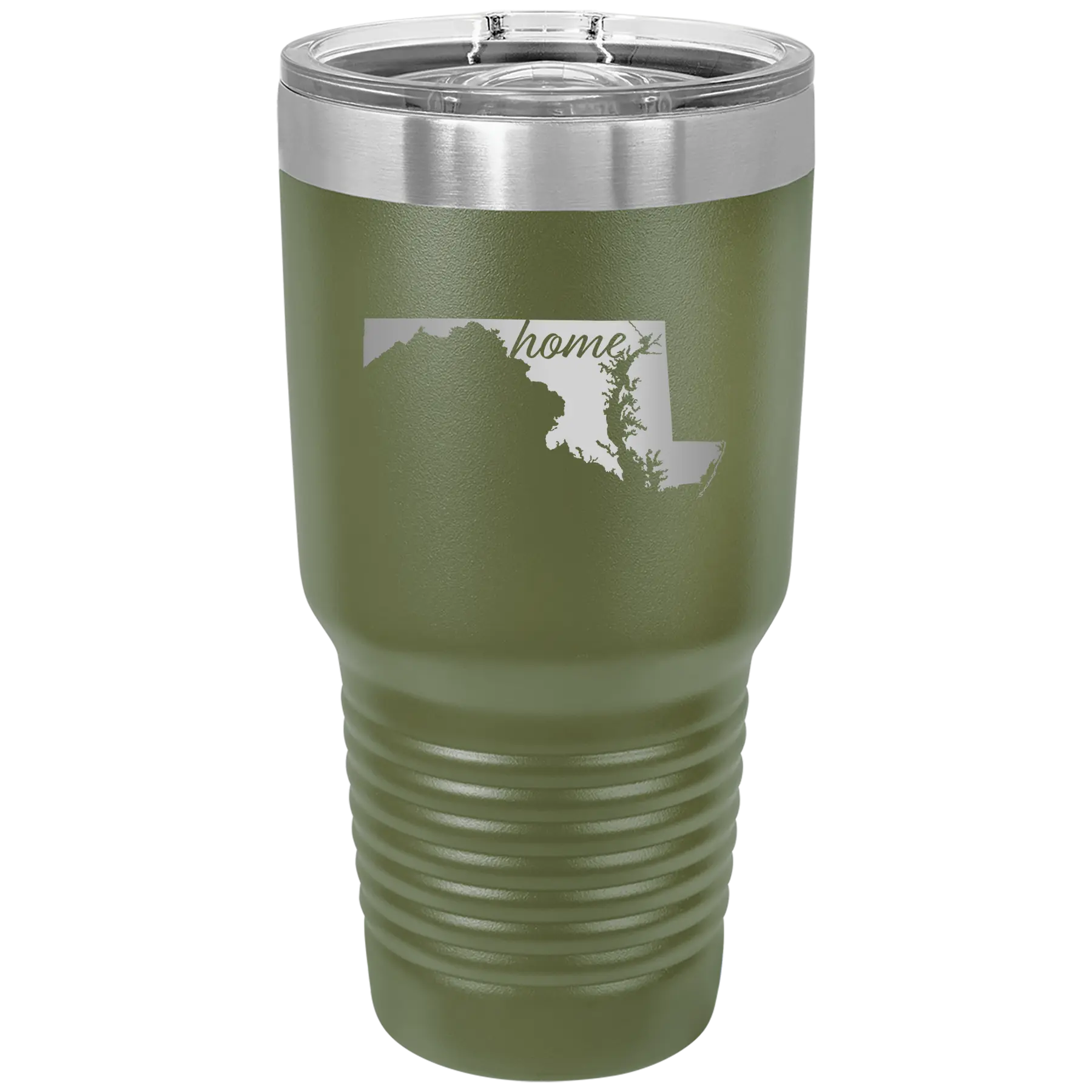 Laser etched olive green 30 oz vacuum insulated tumbler with 'Maryland Home' design