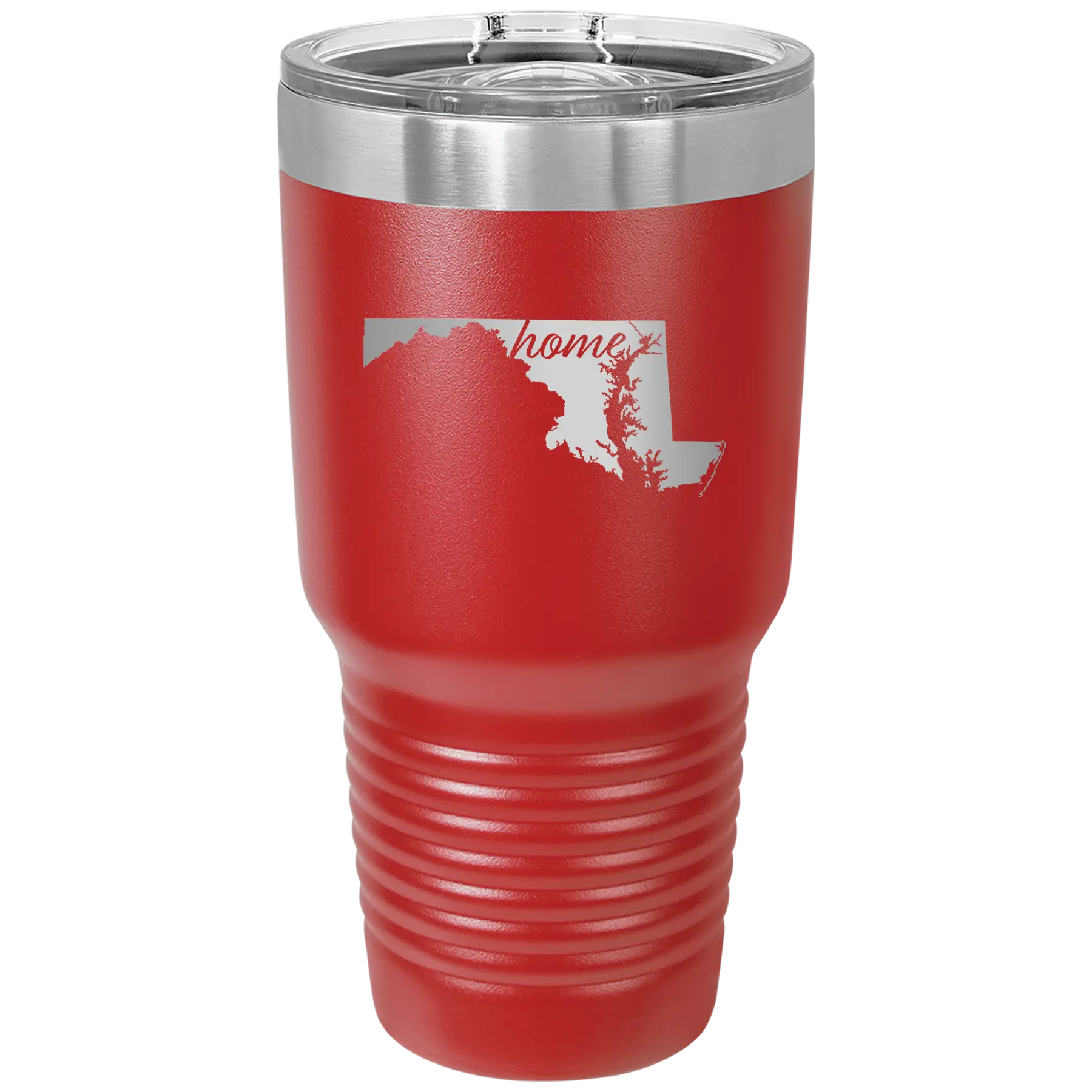 Laser etched red 30 oz vacuum insulated tumbler with 'Maryland Home' design