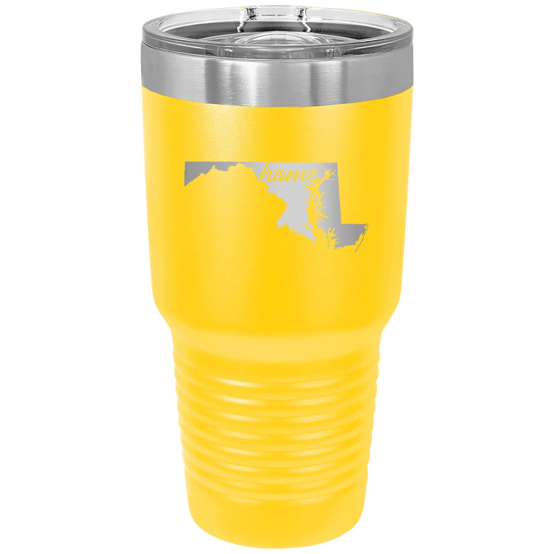 Laser etched yellow 30 oz vacuum insulated tumbler with 'Maryland Home' design