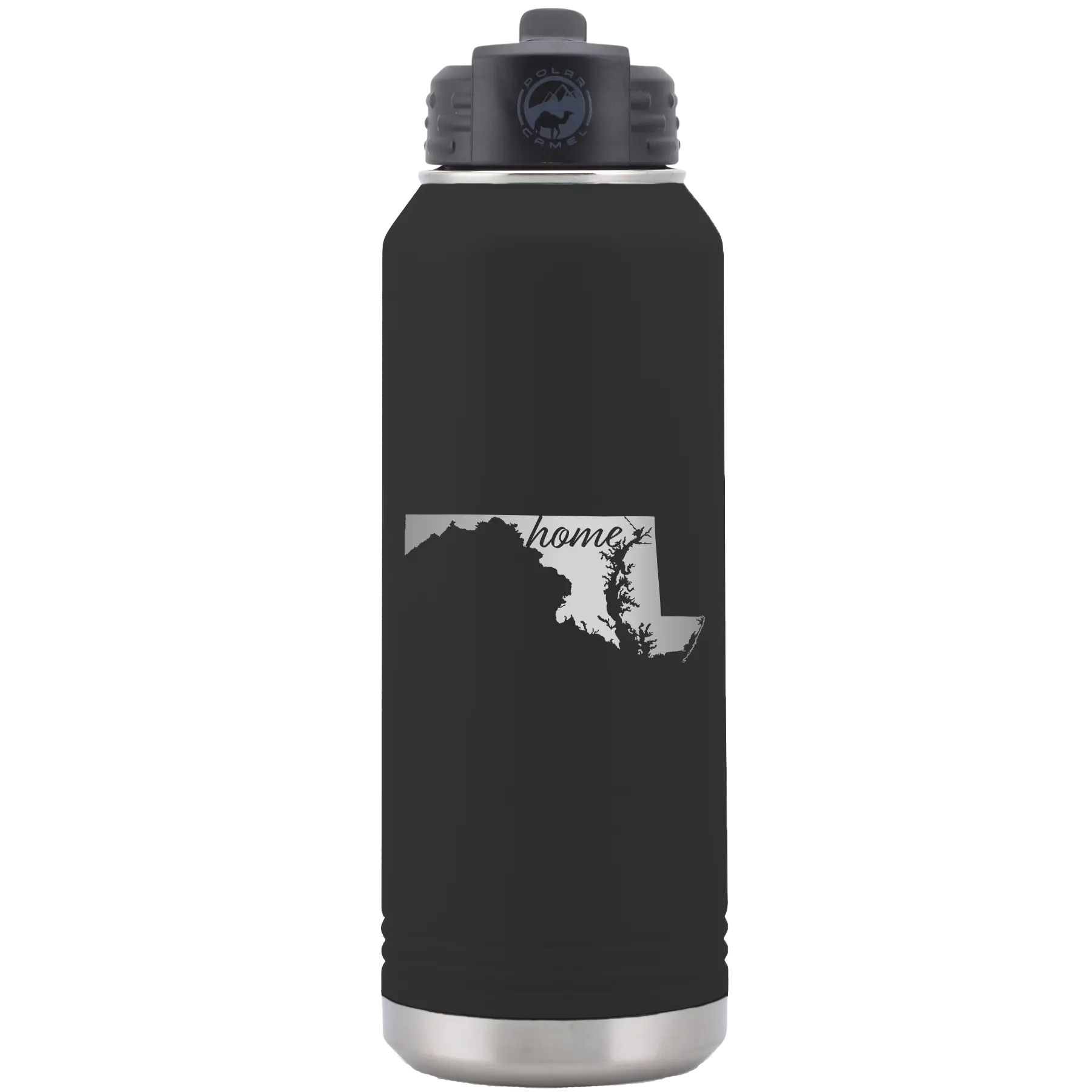 Laser etched black 32 oz vacuum insulated water bottle with 'Maryland Home' design