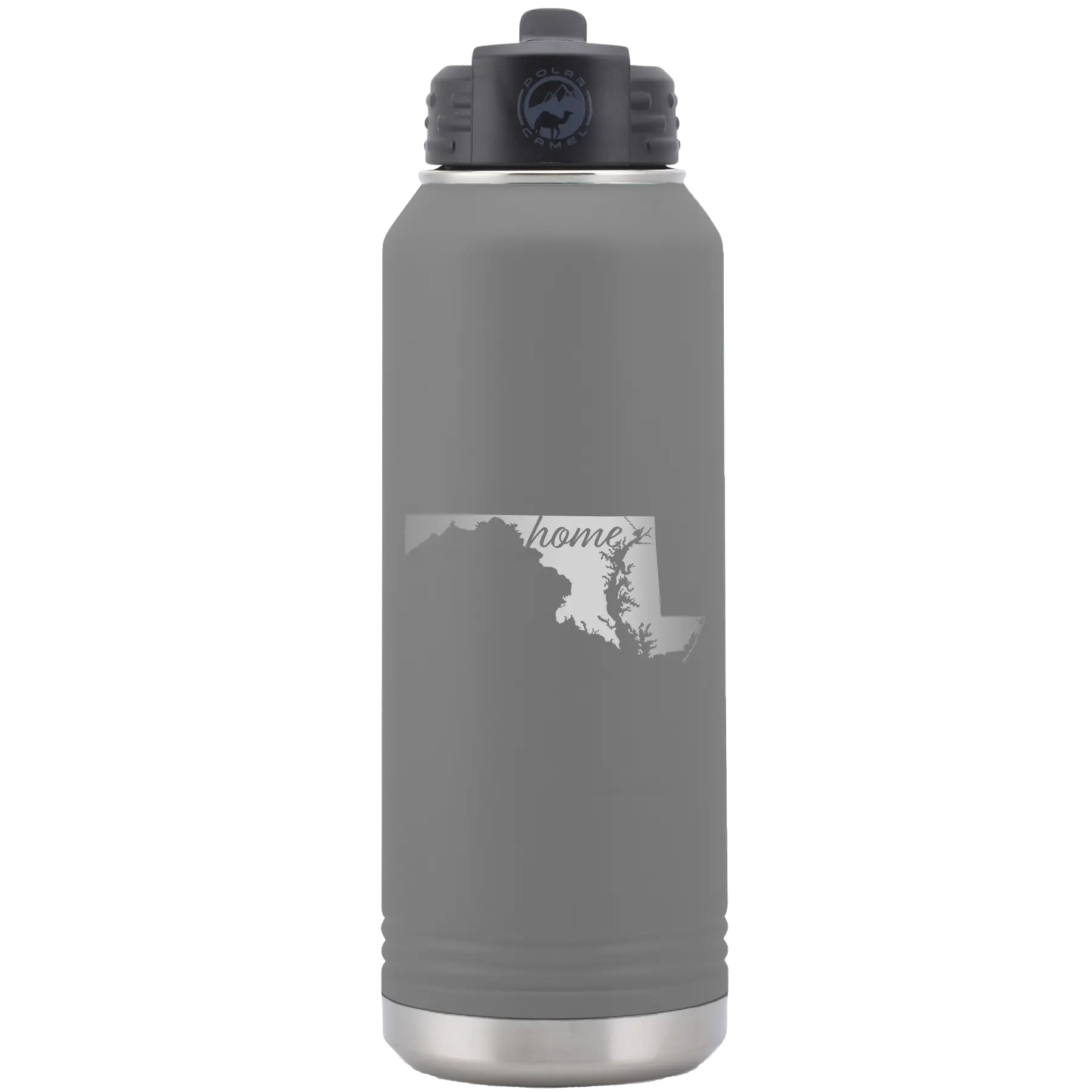 Laser etched dark gray 32 oz vacuum insulated water bottle with 'Maryland Home' design