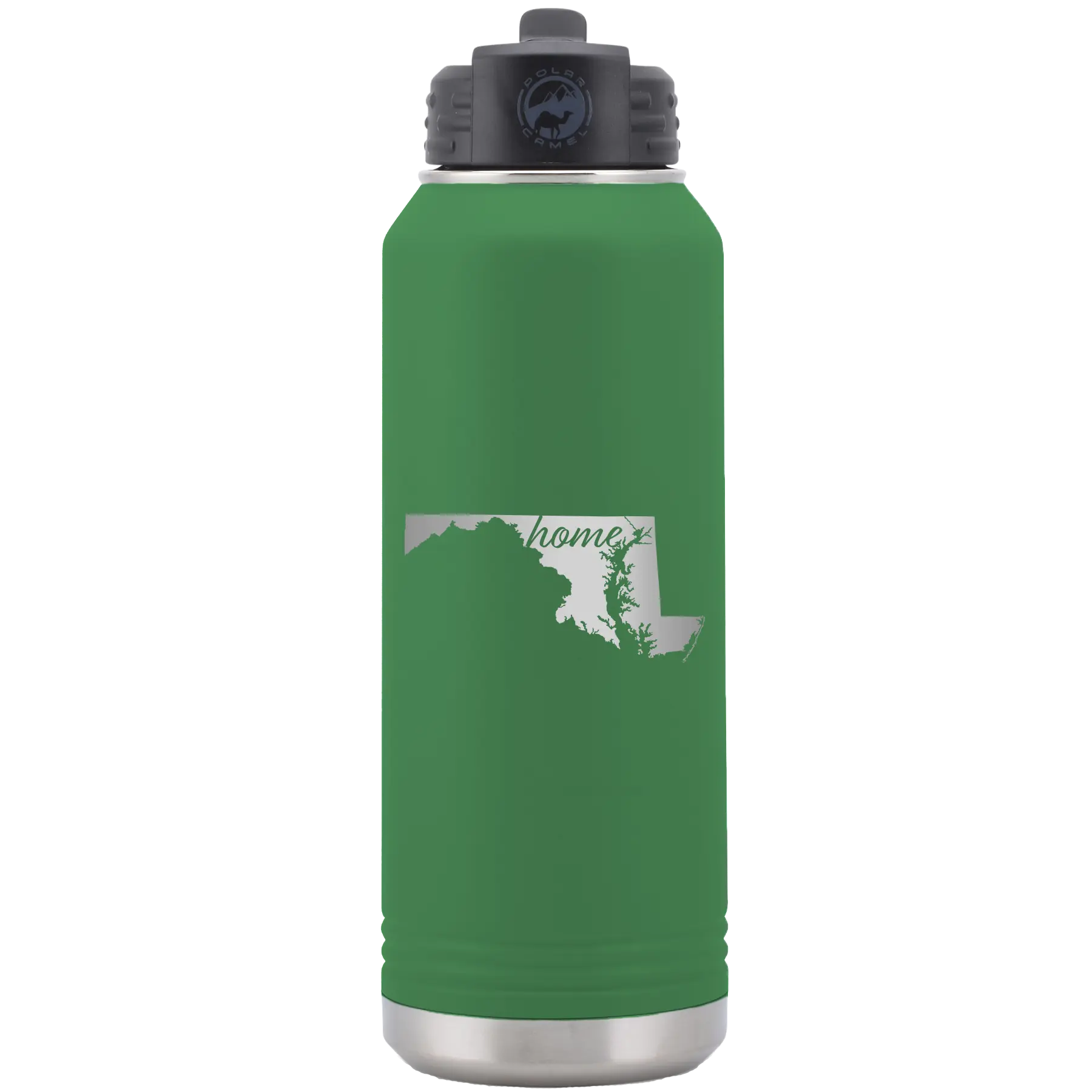 Laser etched green 32 oz vacuum insulated water bottle with 'Maryland Home' design