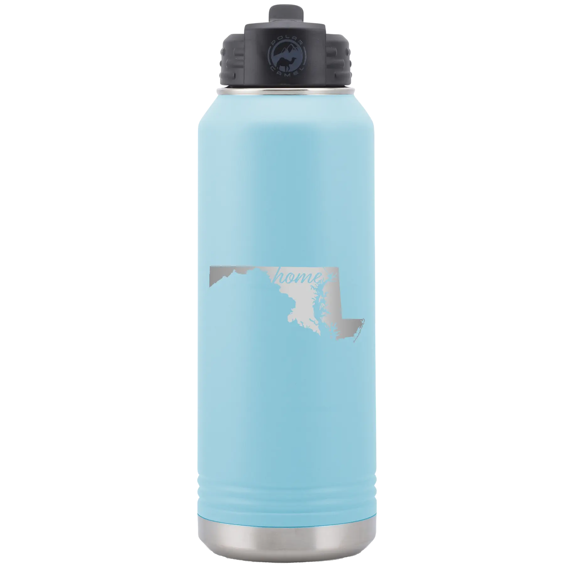 Laser etched light blue 32 oz vacuum insulated water bottle with 'Maryland Home' design