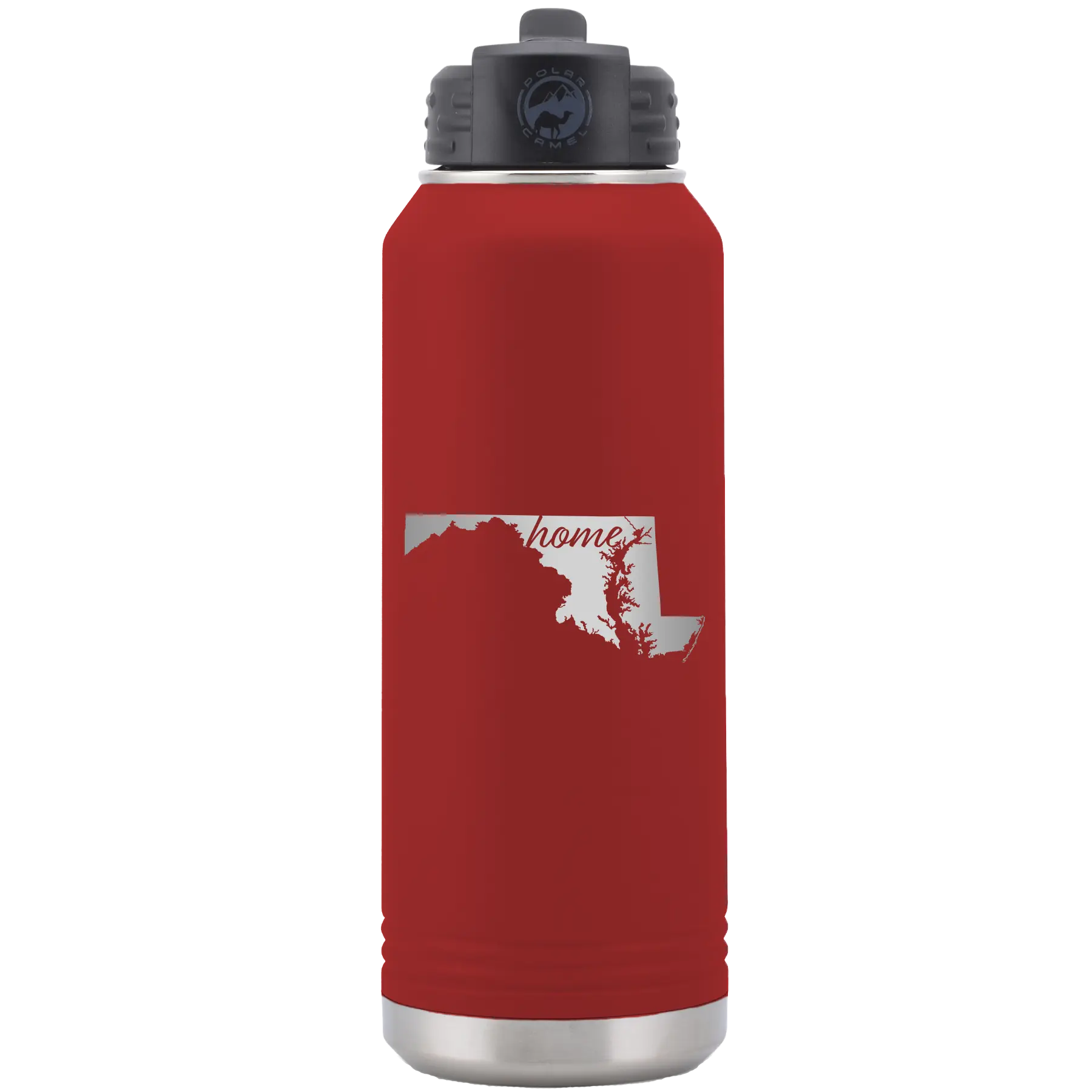 Laser etched maroon 32 oz vacuum insulated water bottle with 'Maryland Home' design