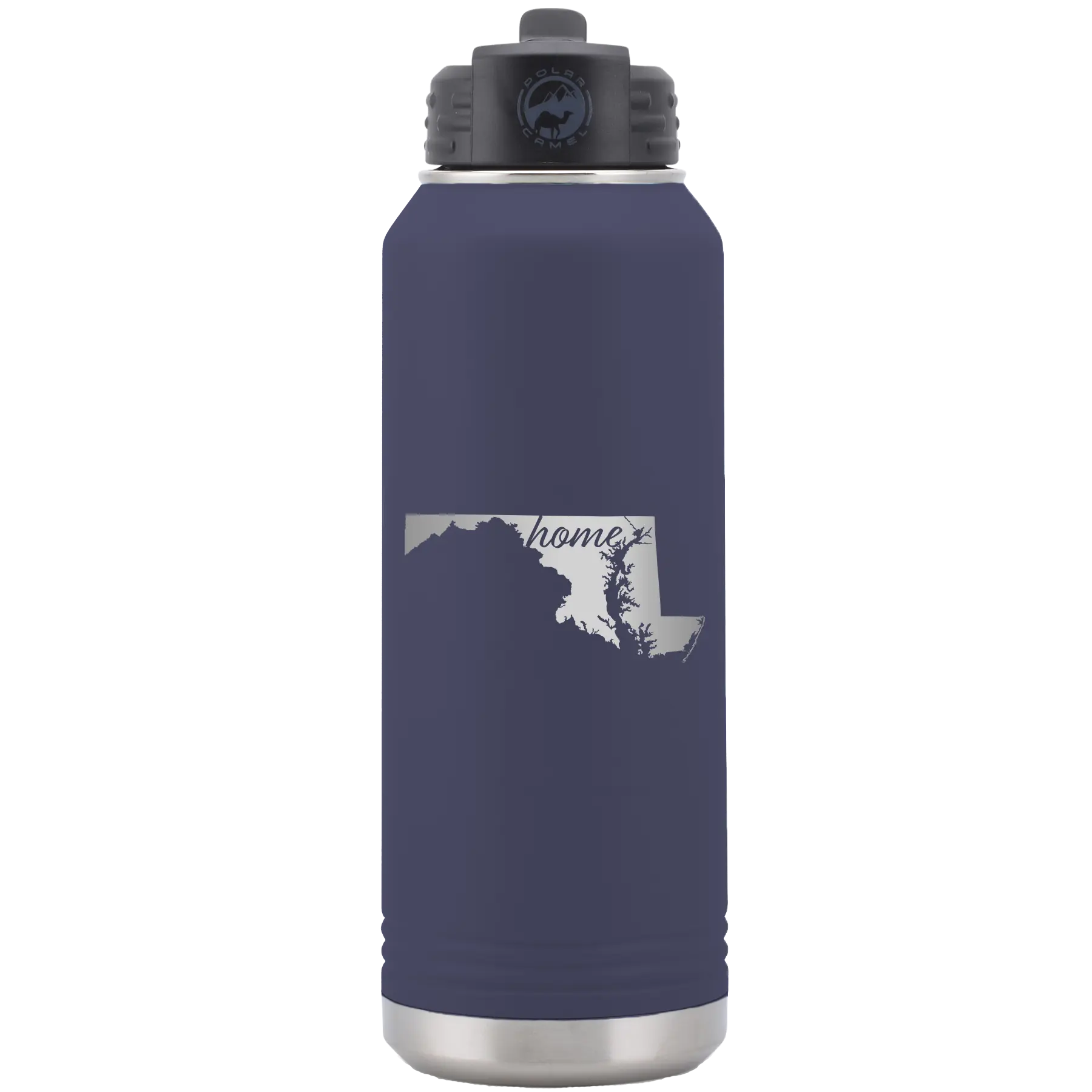 Laser etched navy 32 oz vacuum insulated water bottle with 'Maryland Home' design