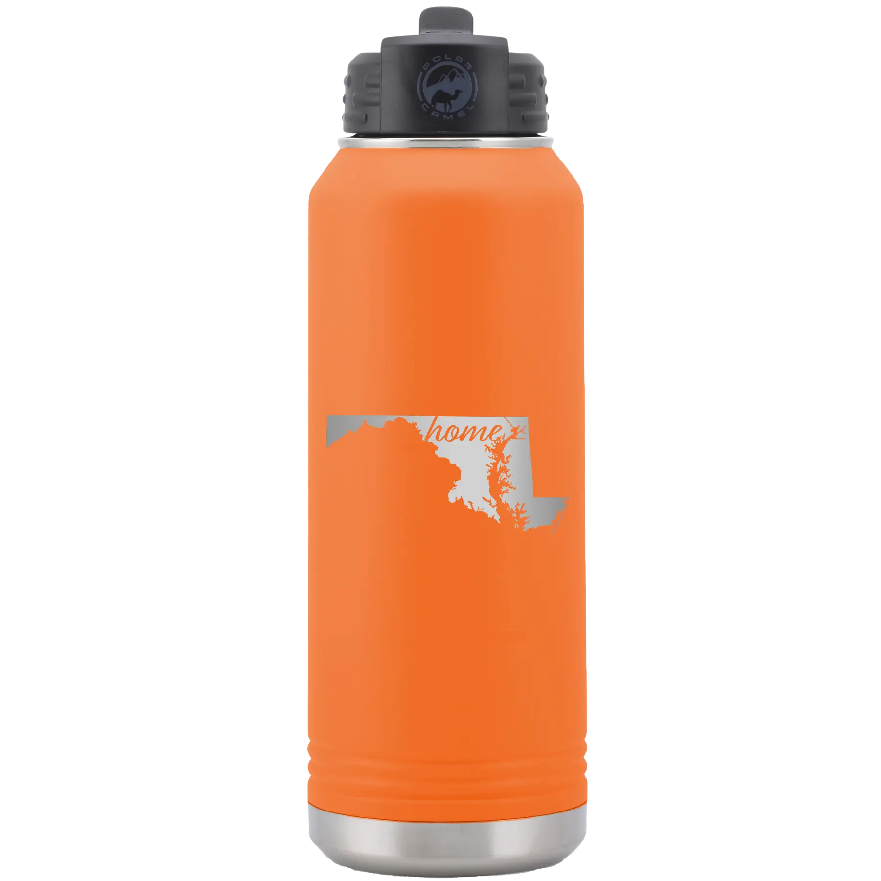 Laser etched orange 32 oz vacuum insulated water bottle with 'Maryland Home' design