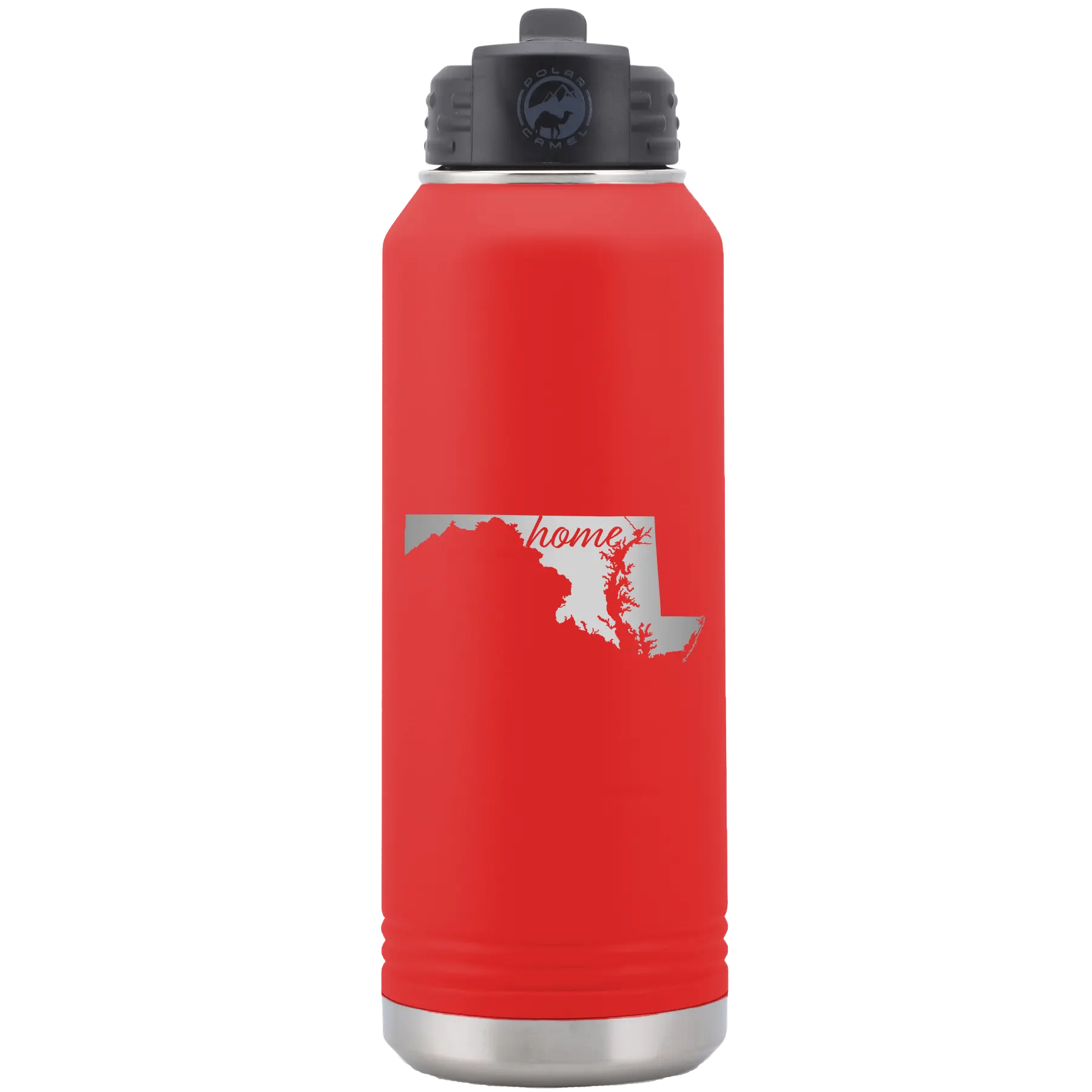 Laser etched red 32 oz vacuum insulated water bottle with 'Maryland Home' design