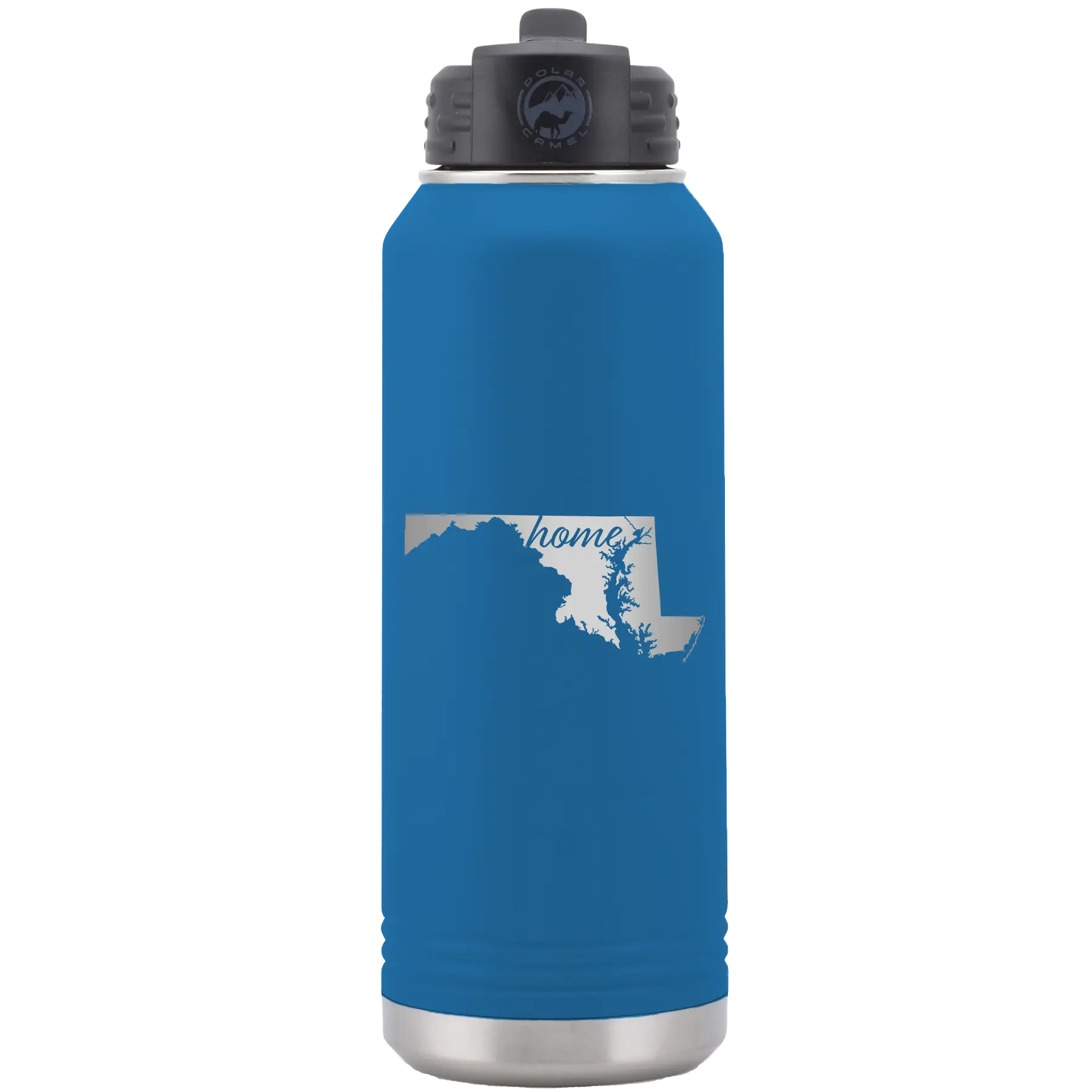 Laser etched royal blue 32 oz vacuum insulated water bottle with 'Maryland Home' design