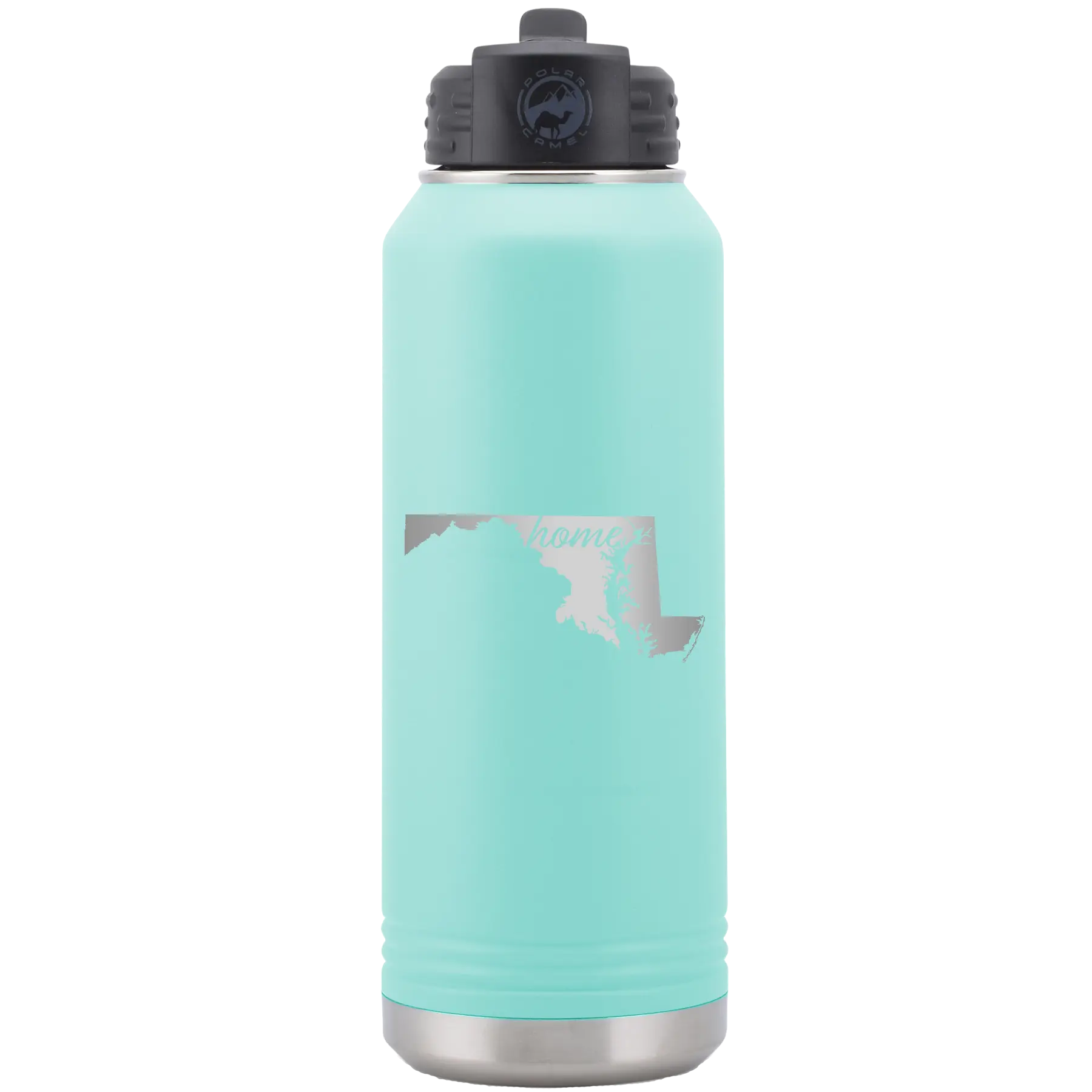 Laser etched teal 32 oz vacuum insulated water bottle with 'Maryland Home' design