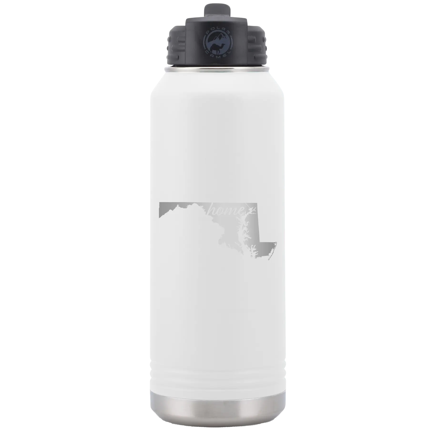 Laser etched white 32 oz vacuum insulated water bottle with 'Maryland Home' design