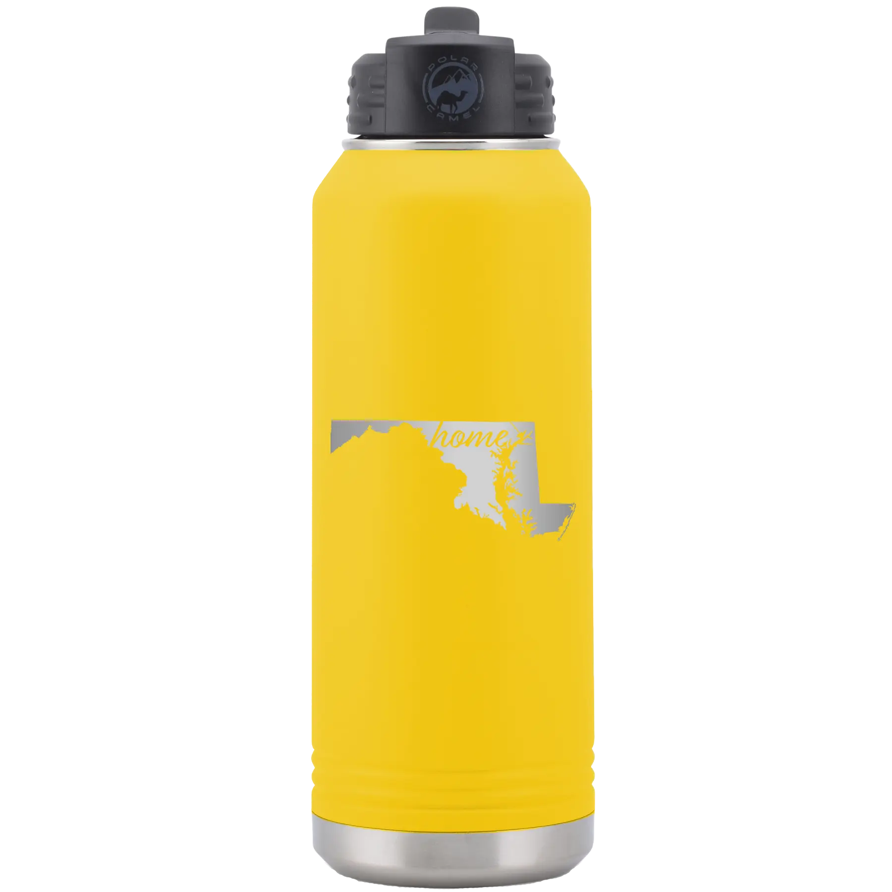 Laser etched yellow 32 oz vacuum insulated water bottle with 'Maryland Home' design