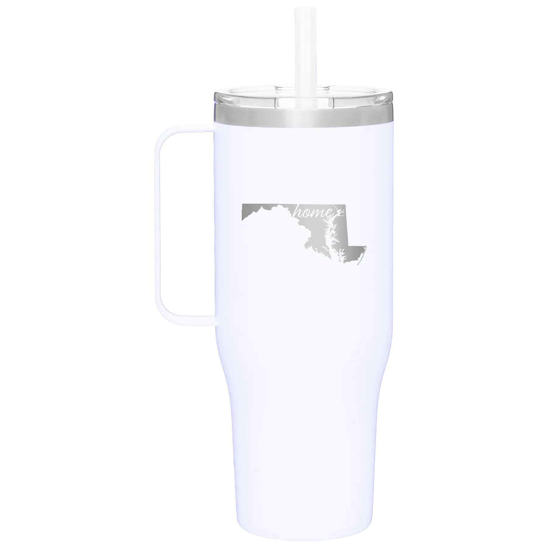 Laser etched white 40 oz vacuum insulated tumbler mug with 'Maryland Home' design