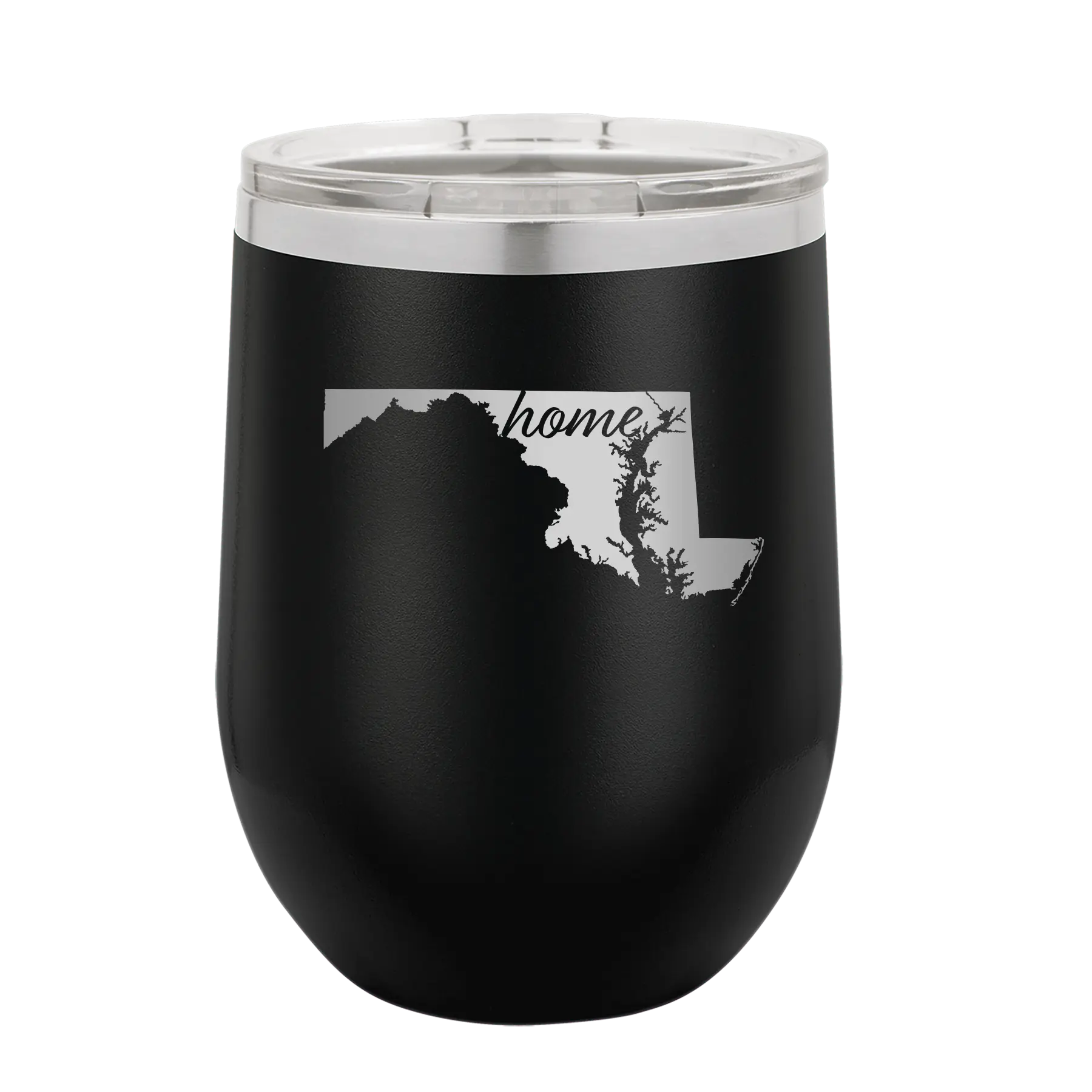 Laser etched black 12 oz vacuum insulated wine cup with 'Maryland Home' design