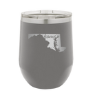 Laser etched dark gray 12 oz vacuum insulated wine cup with 'Maryland Home' design