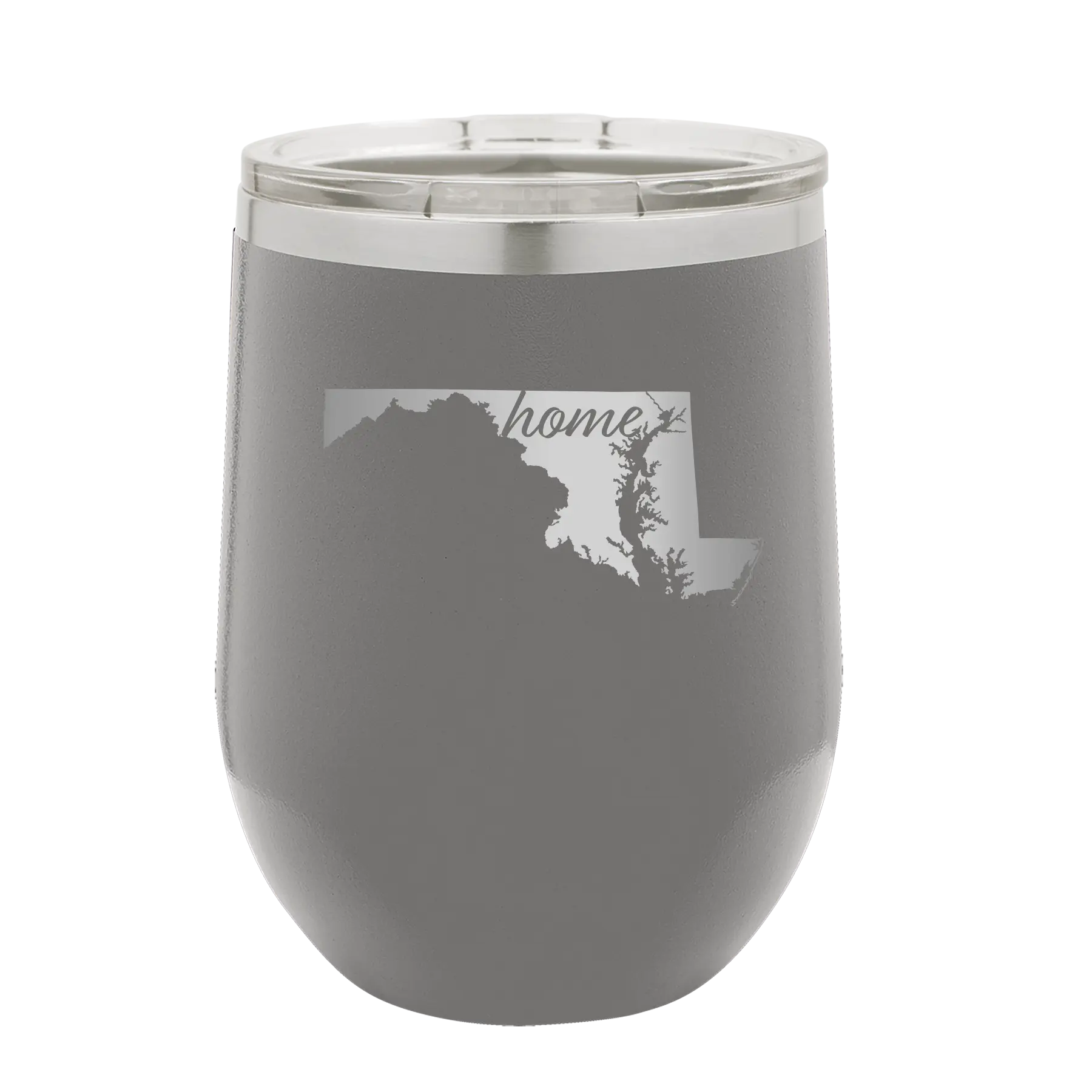 Laser etched dark gray 12 oz vacuum insulated wine cup with 'Maryland Home' design