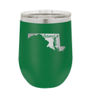 Laser etched green 12 oz vacuum insulated wine cup with 'Maryland Home' design