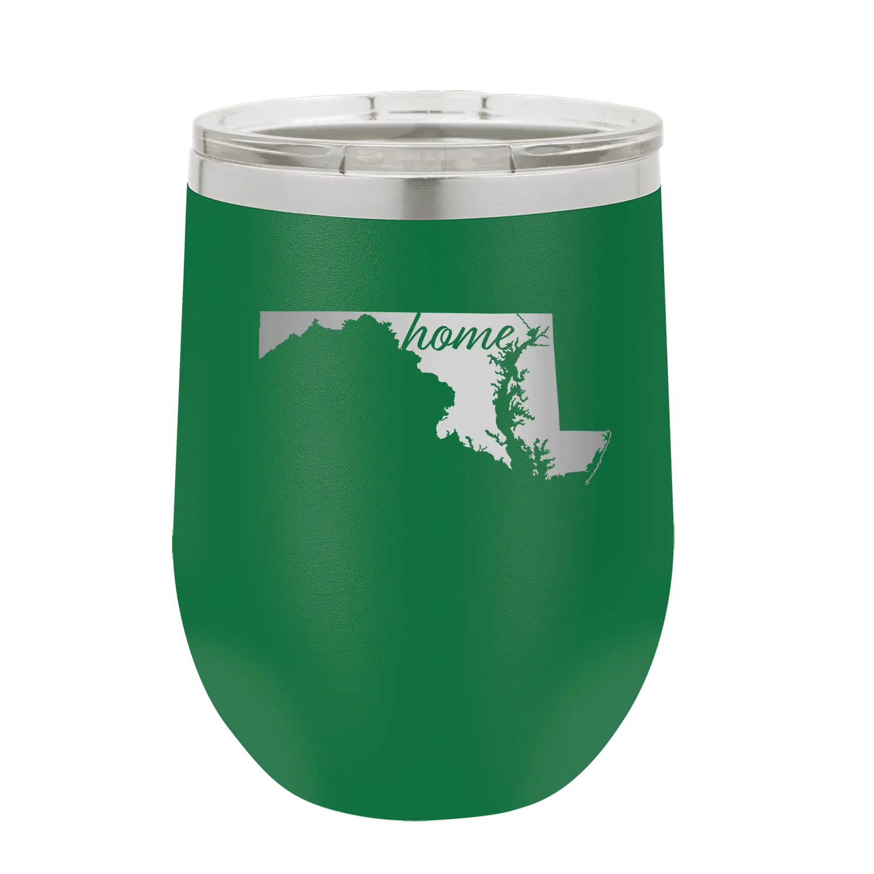 Laser etched green 12 oz vacuum insulated wine cup with 'Maryland Home' design