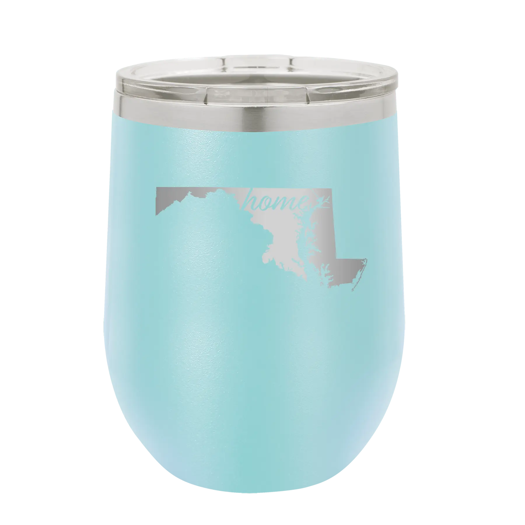 Laser etched light blue 12 oz vacuum insulated wine cup with 'Maryland Home' design
