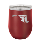 Laser etched maroon 12 oz vacuum insulated wine cup with 'Maryland Home' design