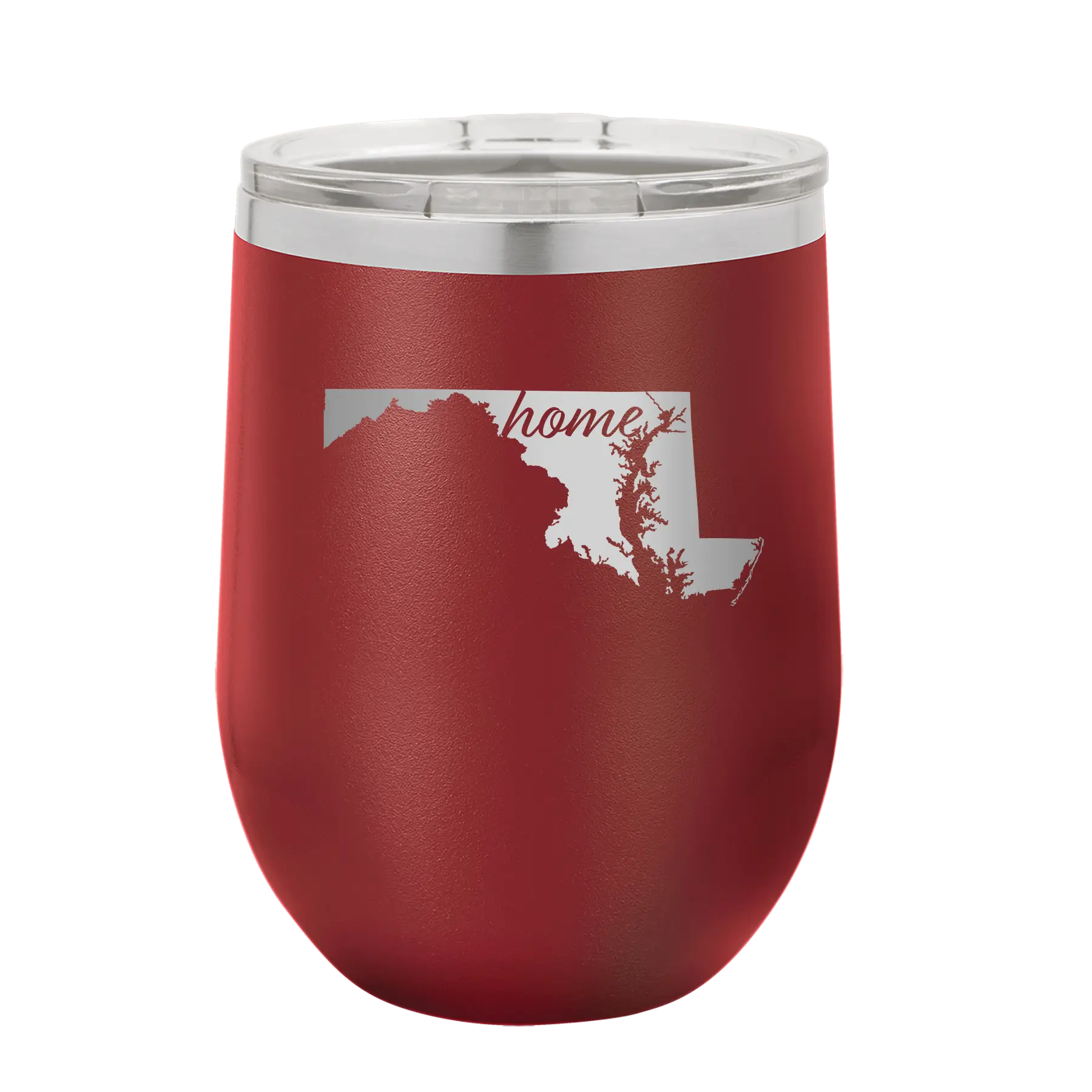 Laser etched maroon 12 oz vacuum insulated wine cup with 'Maryland Home' design