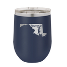 Laser etched navy 12 oz vacuum insulated wine cup with 'Maryland Home' design