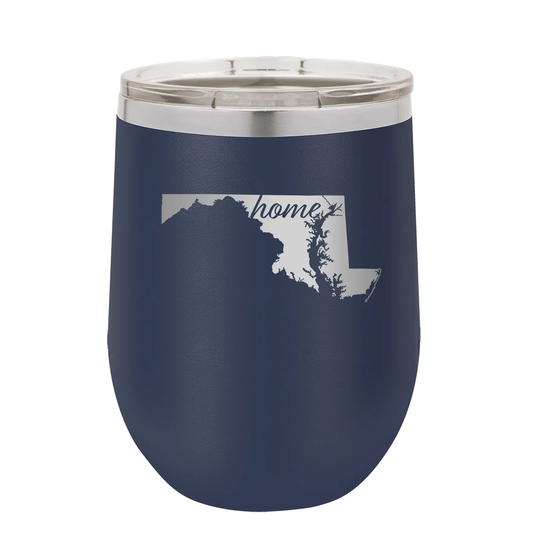 Laser etched navy 12 oz vacuum insulated wine cup with 'Maryland Home' design